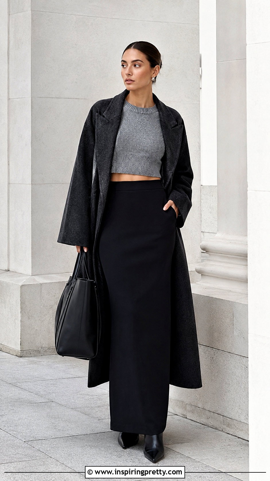 Gray Crop Top Sweater With Black Maxi Skirt - 25 Crop Top Sweater With Skirt outfits