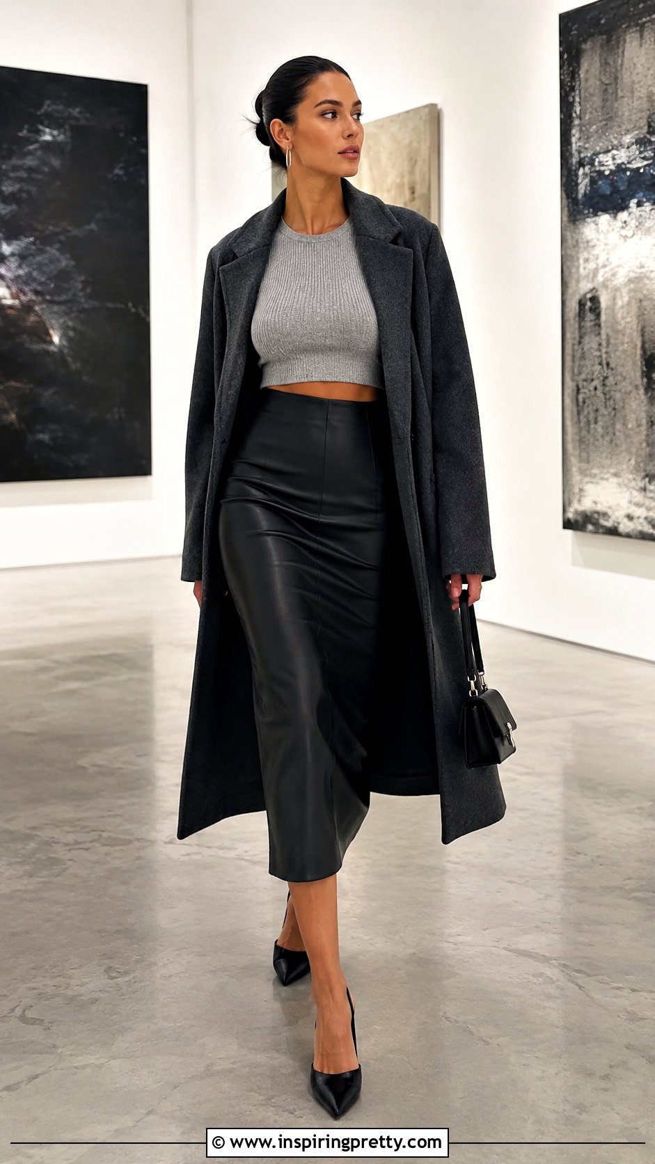 Gray Crop Top With High Waisted Leather Midi Skirt - 20 Grey Top Leather Skirt outfits
