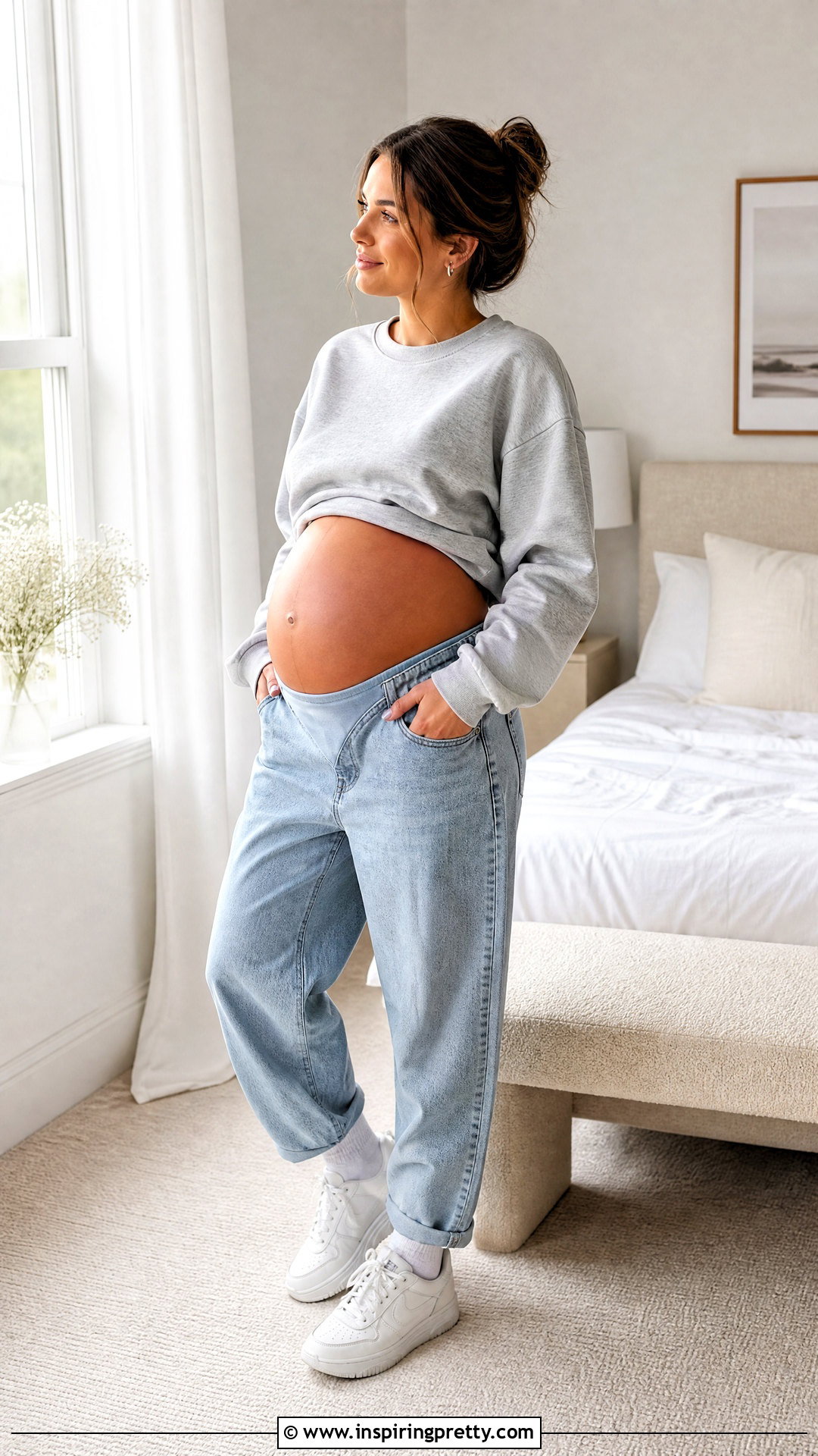 Gray Cropped Sweatshirt And Loose Jeans Maternity Shoot - 20 crop top and jeans maternity shoots