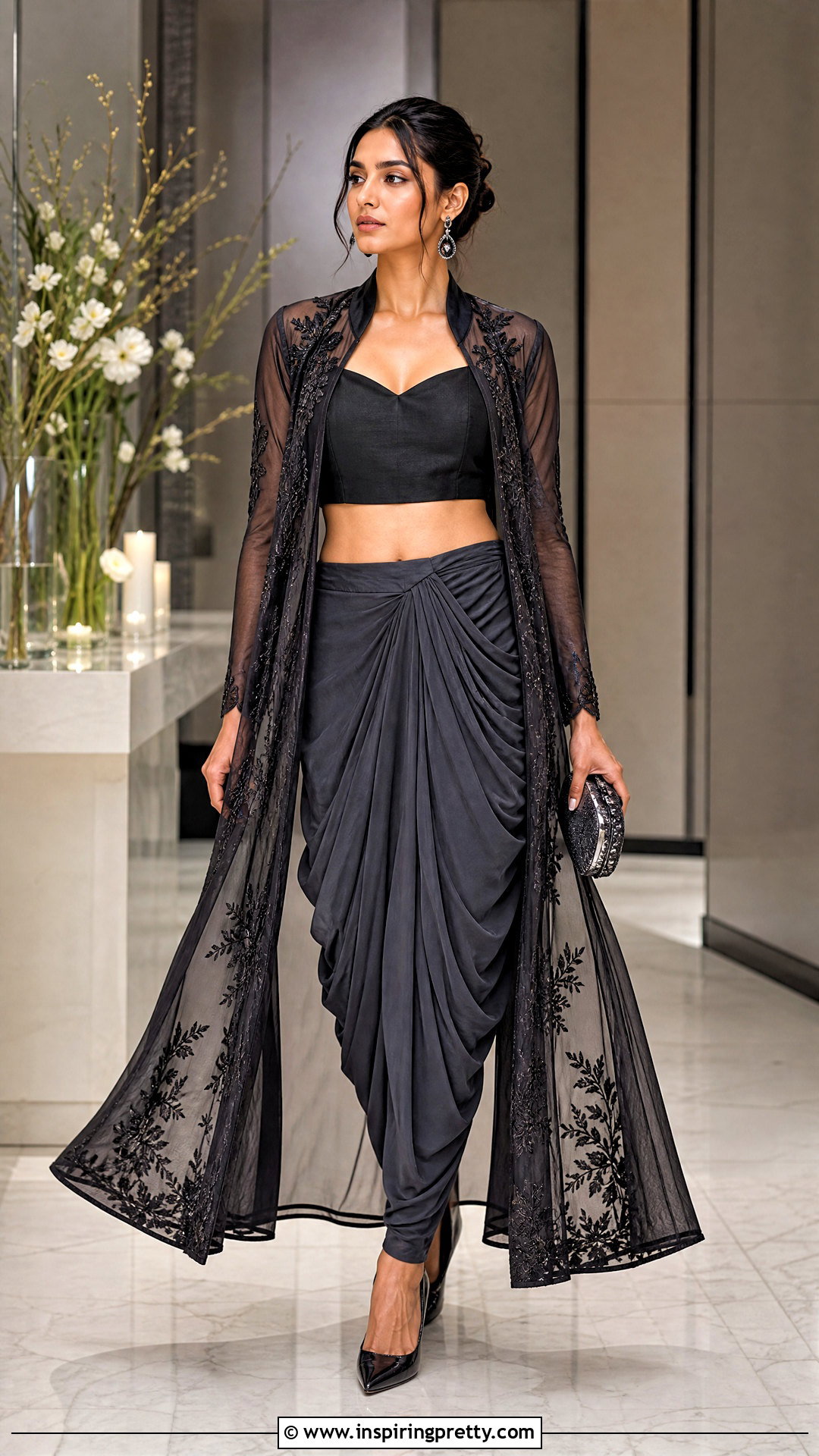 Gray Dhoti Skirt With Black Crop Top And Sheer Jacket - 25 dhoti skirt with crop top and jacket outfit ideas