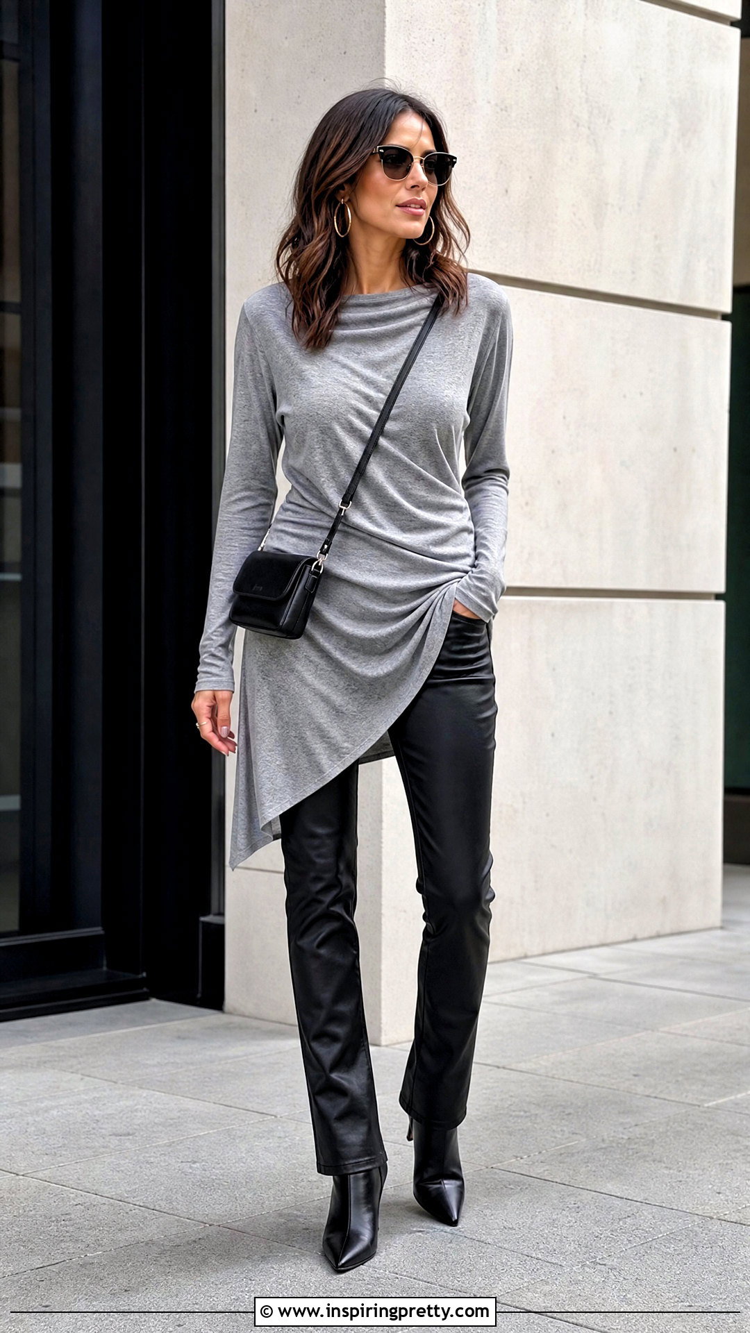 Gray Draped Top With Faux Leather Pants - 50 draped top outfit ideas