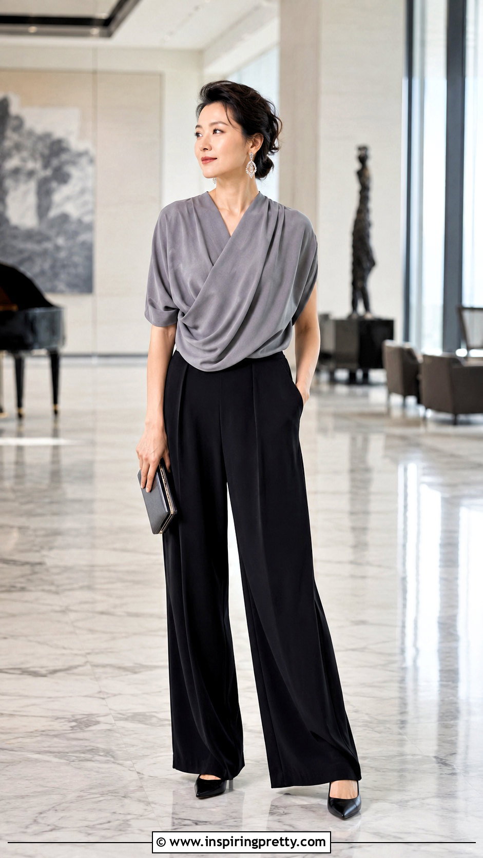 Gray Draped Top With Palazzo Pants - 50 gray top outfit ideas