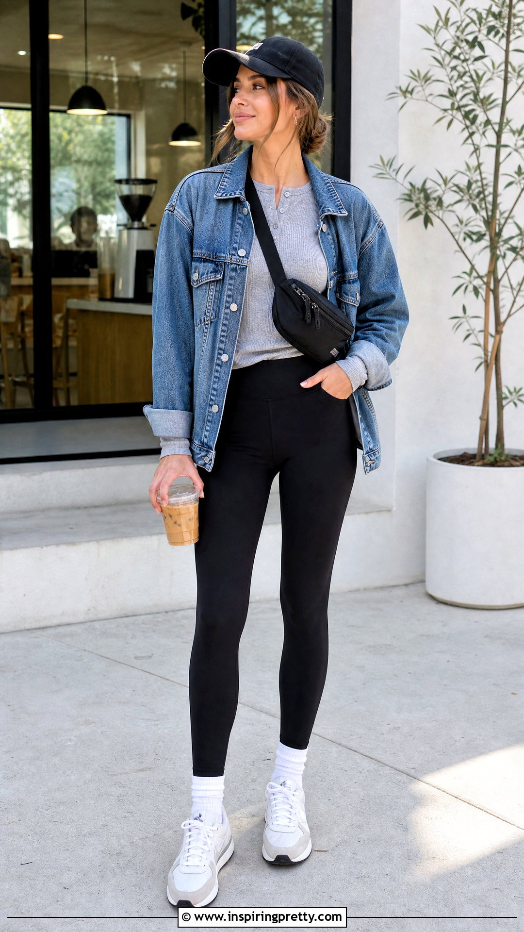 Gray Henley Top With Black Leggings - 50 Henley Top Outfit Aesthetic Ideas