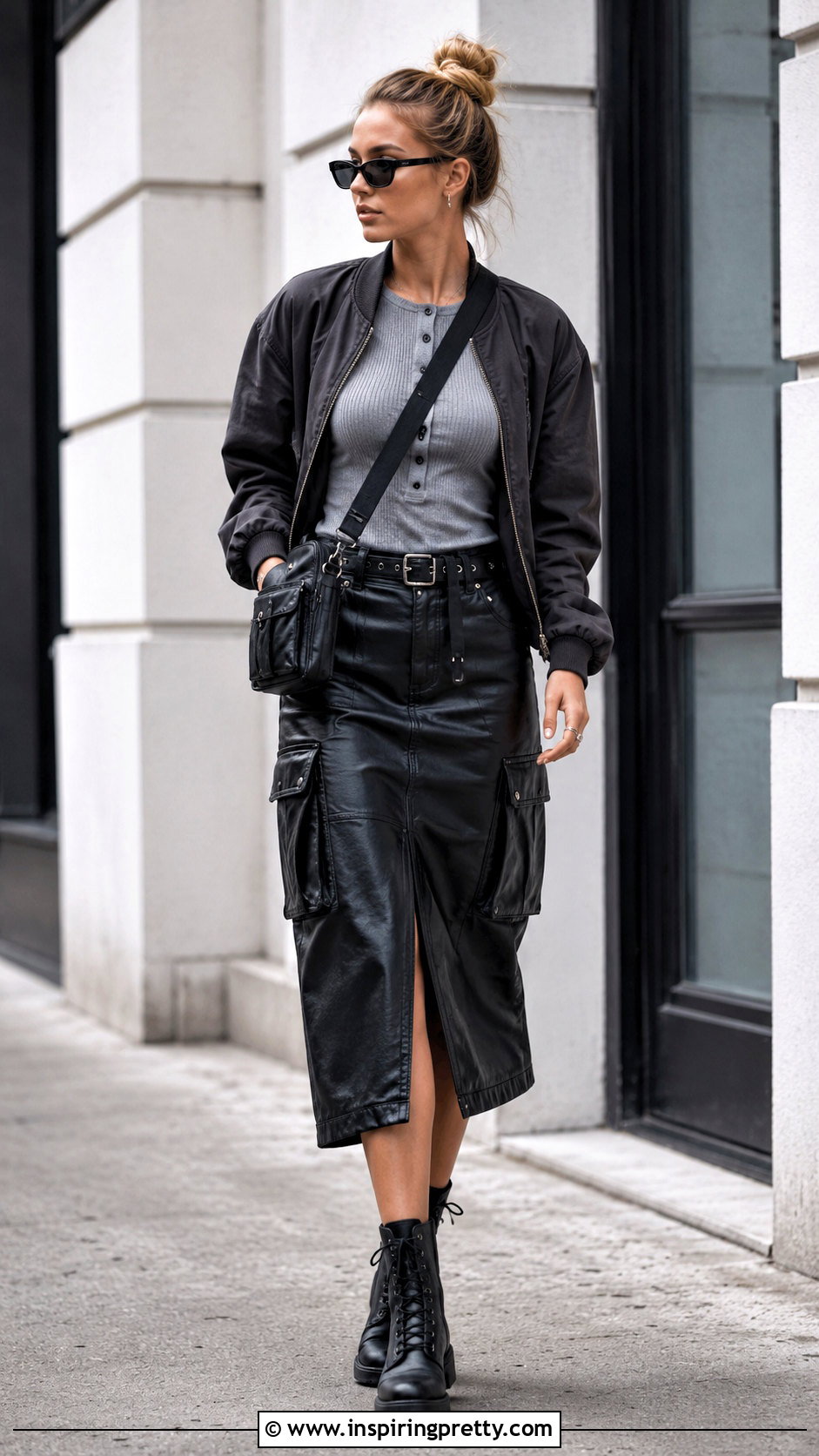 Gray Henley Top With Leather Cargo Skirt - 20 Grey Top Leather Skirt outfits