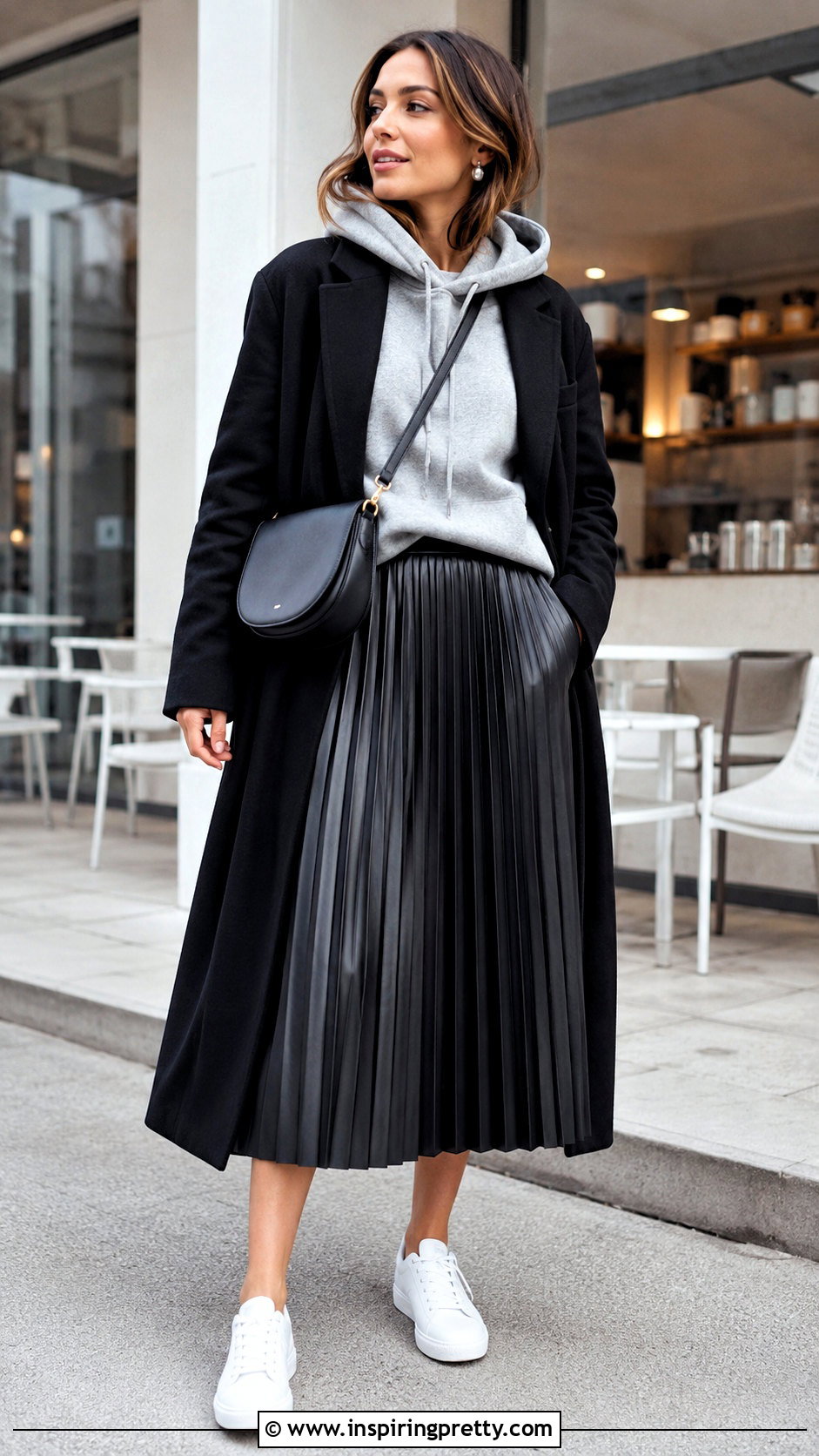 Gray Hoodie With Pleated Leather Midi Skirt - 20 Grey Top Leather Skirt outfits