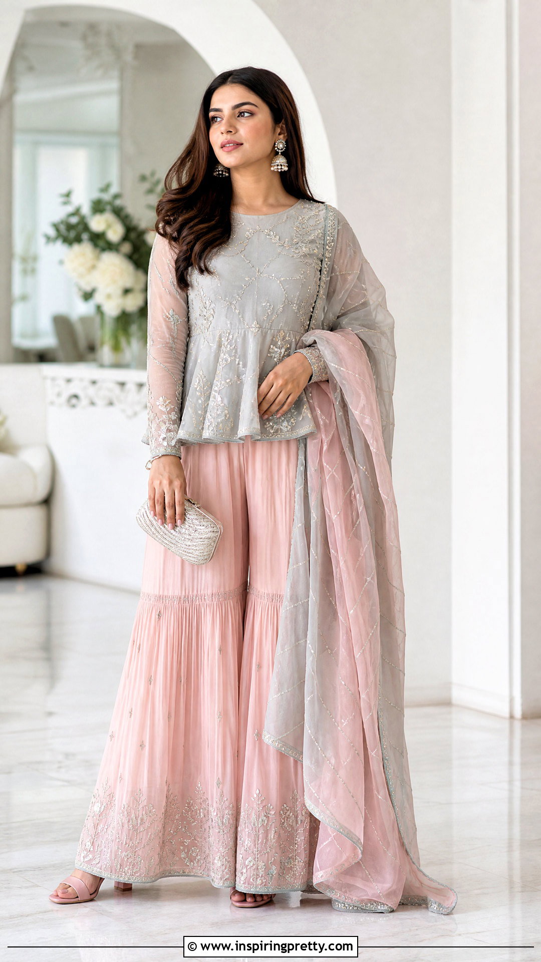 Gray Indian Peplum Top With Pink Sharara - 50 indian peplum top outfits