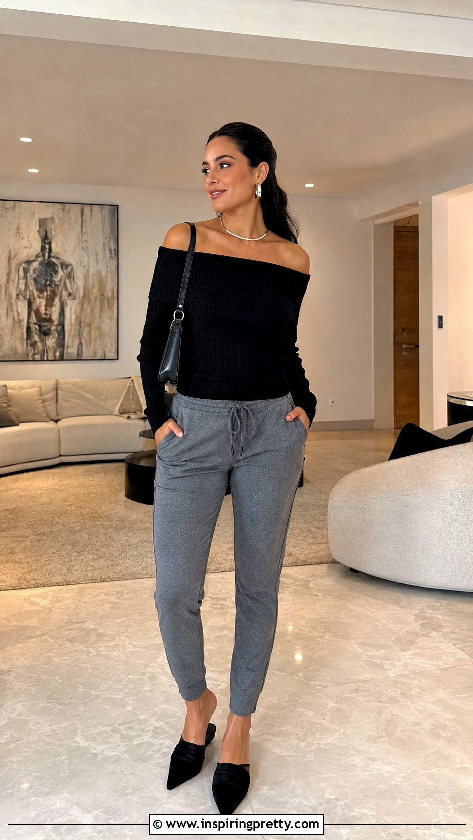 Gray Joggers With Black Off Shoulder Knit - 25 joggers and a nice top outfit ideas