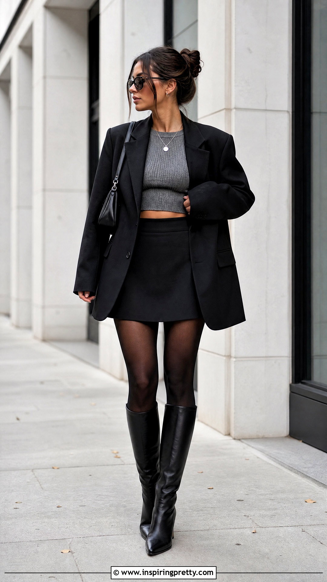 Gray Knit Crop Top With Black Mini Skirt - 20 Gray Knit Crop Top outfit ideas