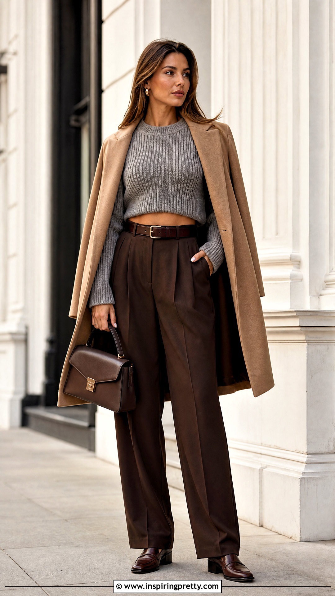 Gray Knit Crop Top With Brown Trousers - 20 Gray Knit Crop Top outfit ideas