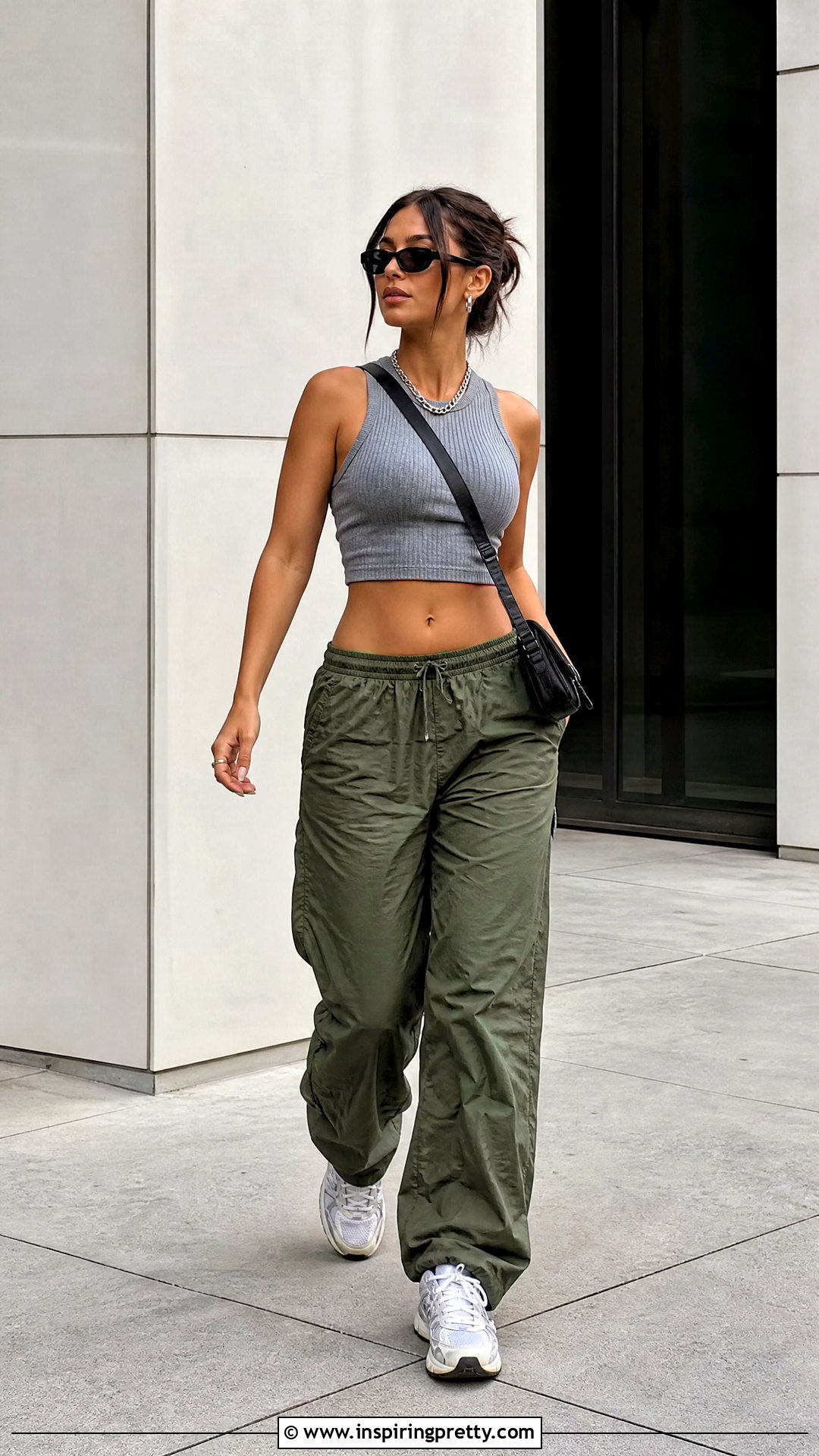 Gray Knit Crop Top With Green Parachute Pants - 20 Gray Knit Crop Top outfit ideas