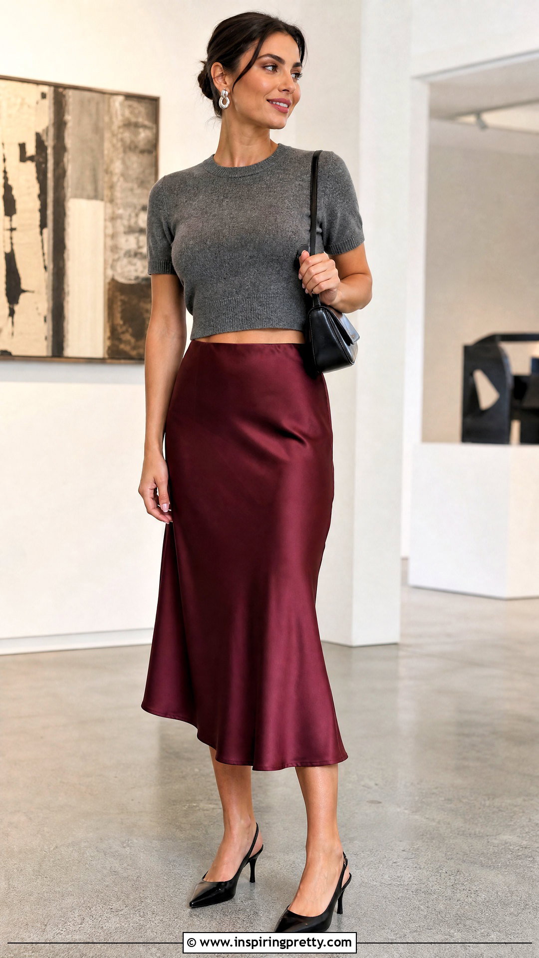 Gray Knit Crop Top With Satin Midi Skirt - 20 Gray Knit Crop Top outfit ideas