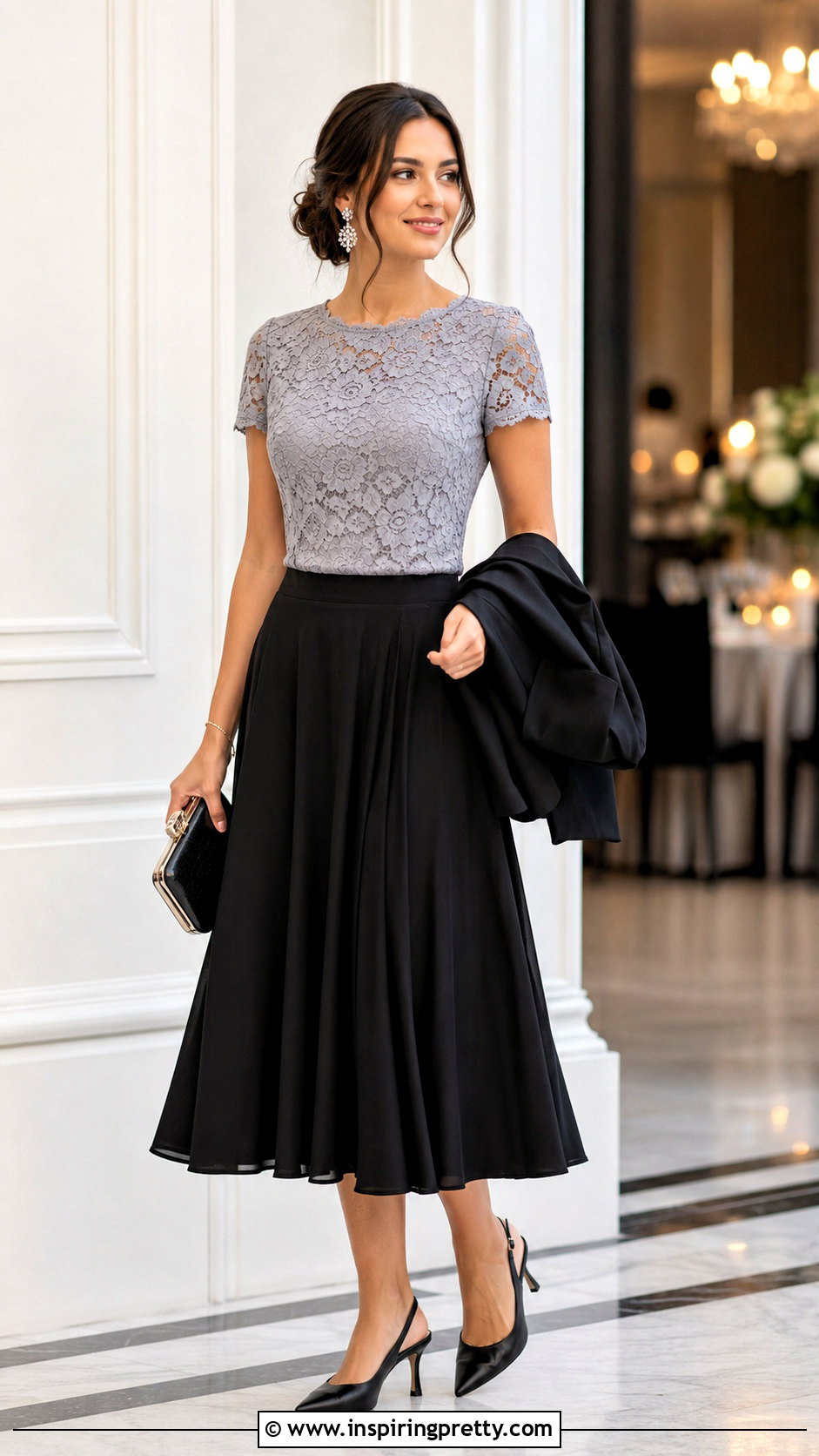 Gray Lace Top With Black Midi Skirt - 50 gray top outfit ideas