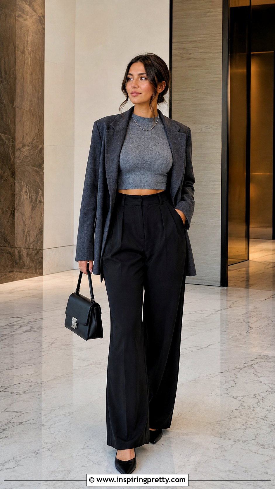 Gray Long Sleeve Crop Top With Black Wide Leg Pants - 25 Gray Long Sleeve Crop Top outfit ideas