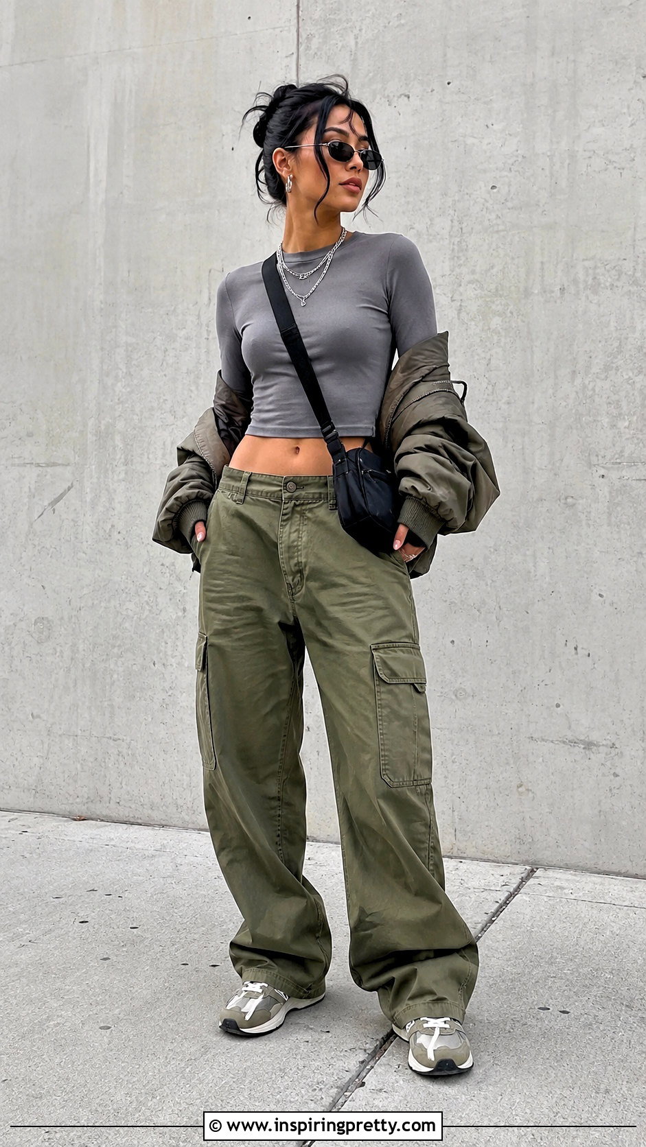 Gray Long Sleeve Crop Top With Cargo Pants - 25 Gray Long Sleeve Crop Top outfit ideas