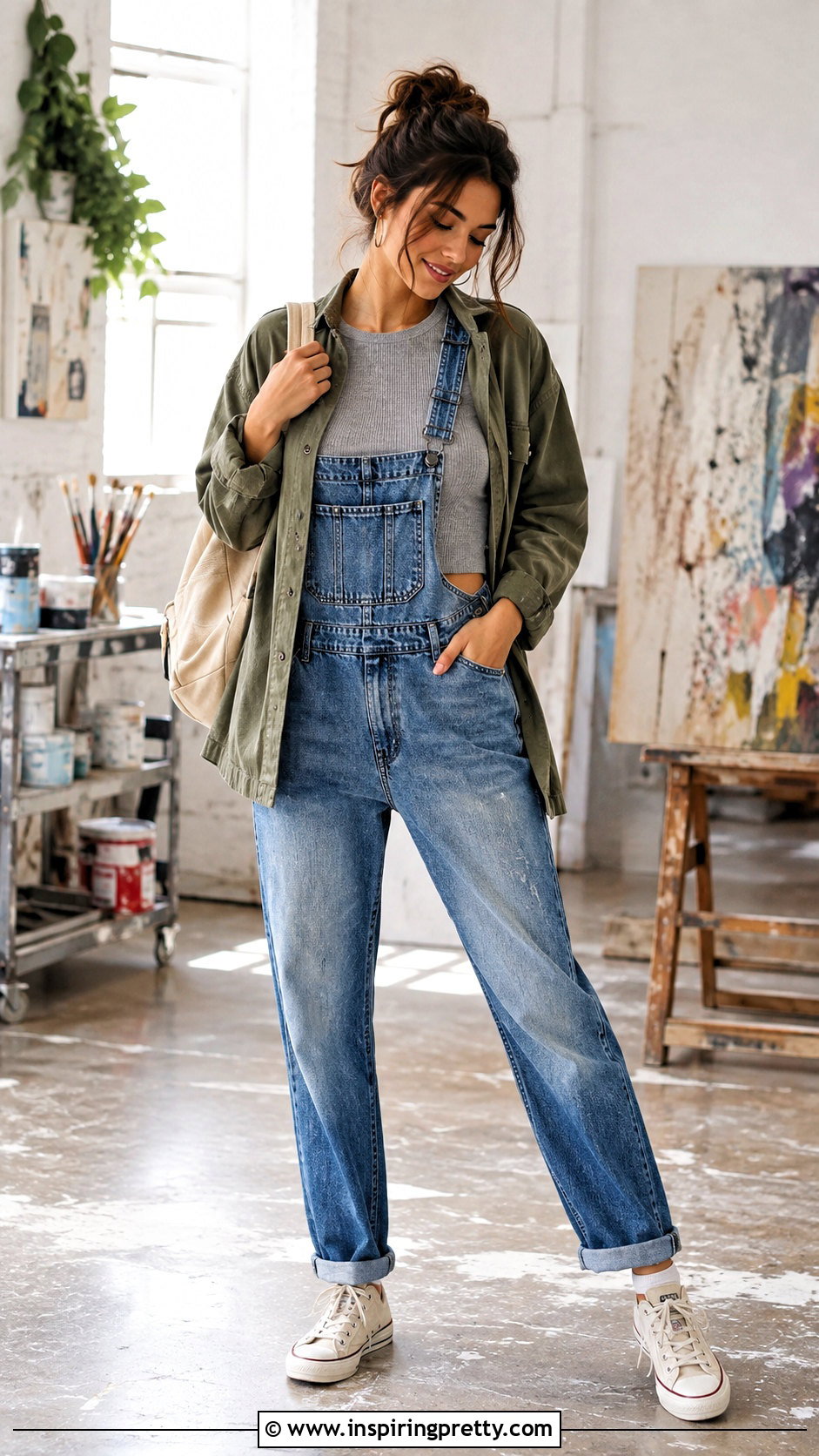 Gray Long Sleeve Crop Top With Denim Overalls - 25 Gray Long Sleeve Crop Top outfit ideas