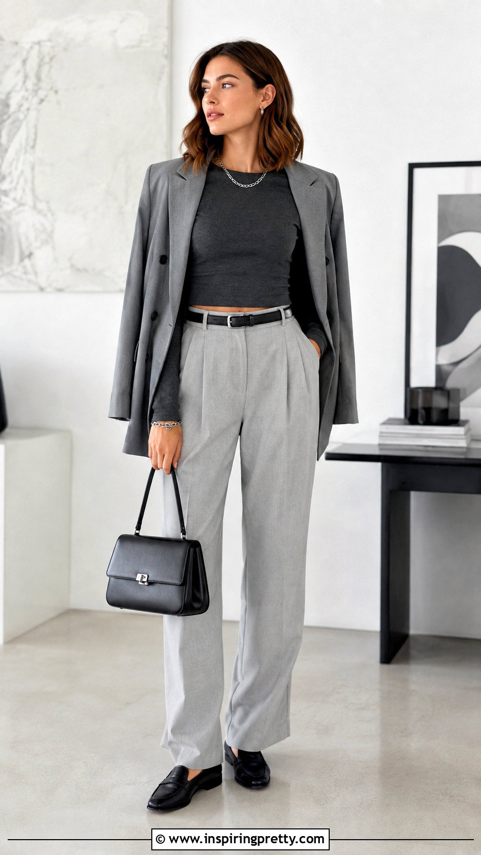 Gray Long Sleeve Crop Top With Gray Tailored Trousers - 25 Gray Long Sleeve Crop Top outfit ideas