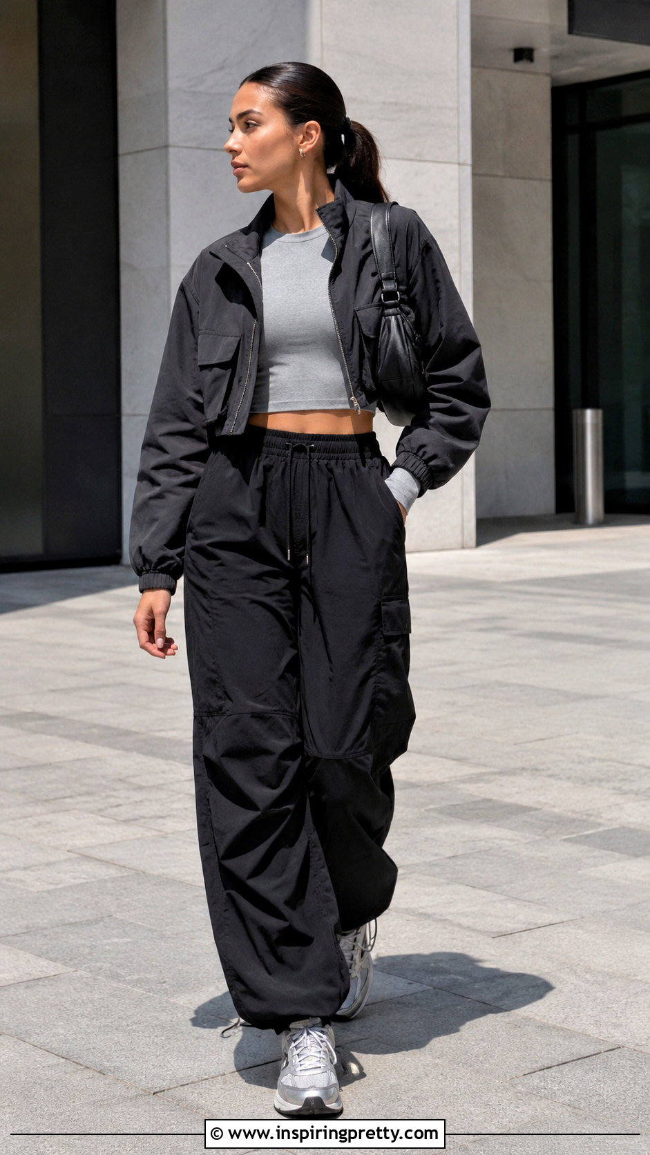 Gray Long Sleeve Crop Top With Parachute Pants - 25 Gray Long Sleeve Crop Top outfit ideas