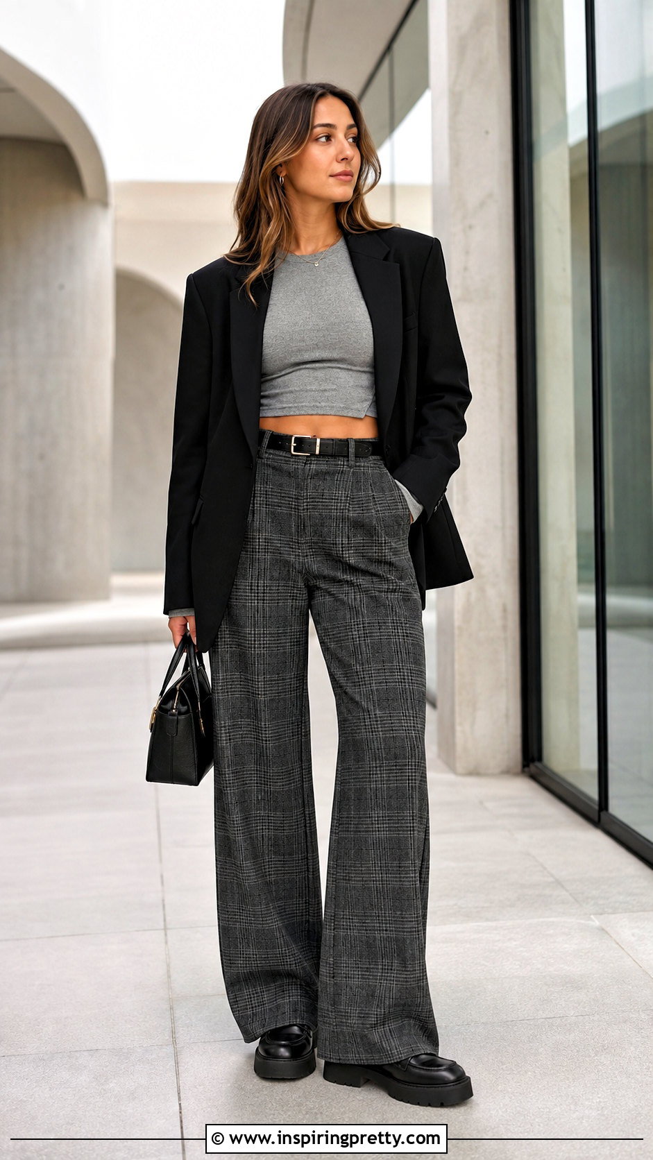 Gray Long Sleeve Crop Top With Plaid Pants - 25 Gray Long Sleeve Crop Top outfit ideas