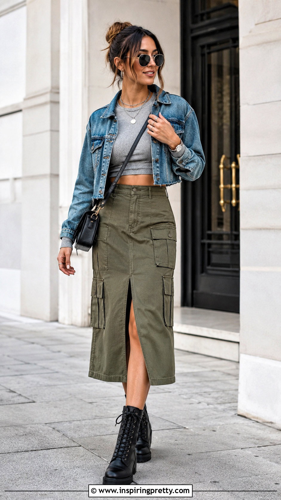 Gray Long Sleeve Crop Top With Utility Midi Skirt - 25 Gray Long Sleeve Crop Top outfit ideas