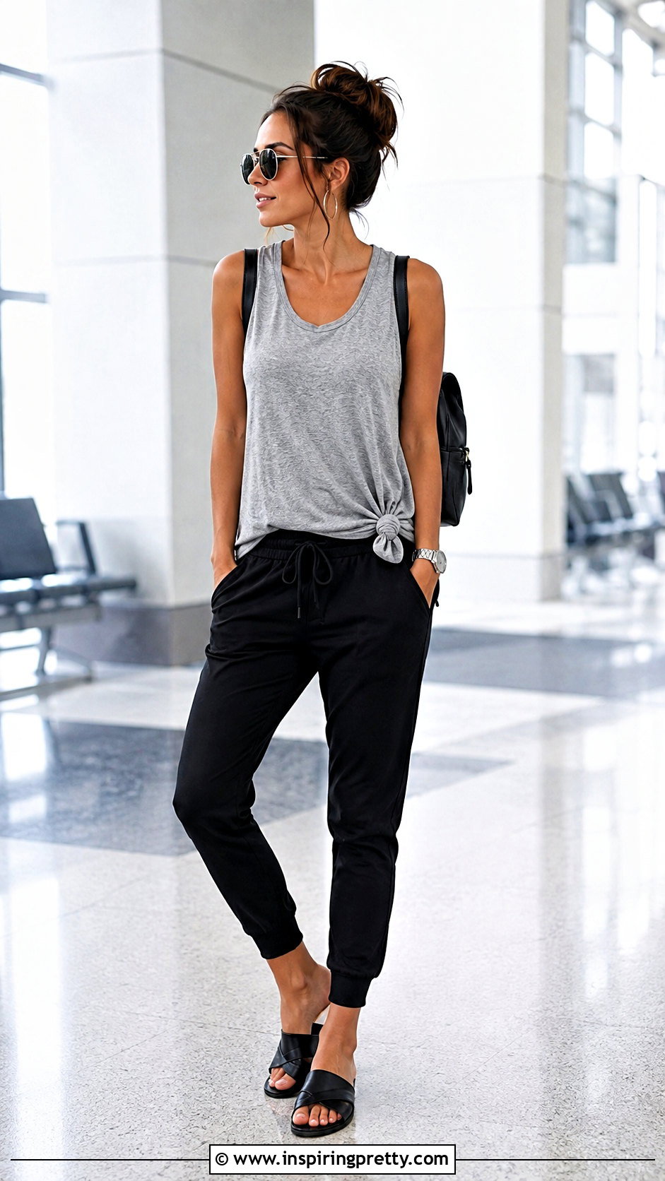 Gray Long Tank Top With Joggers And Slides - 50 long tank top outfit ideas