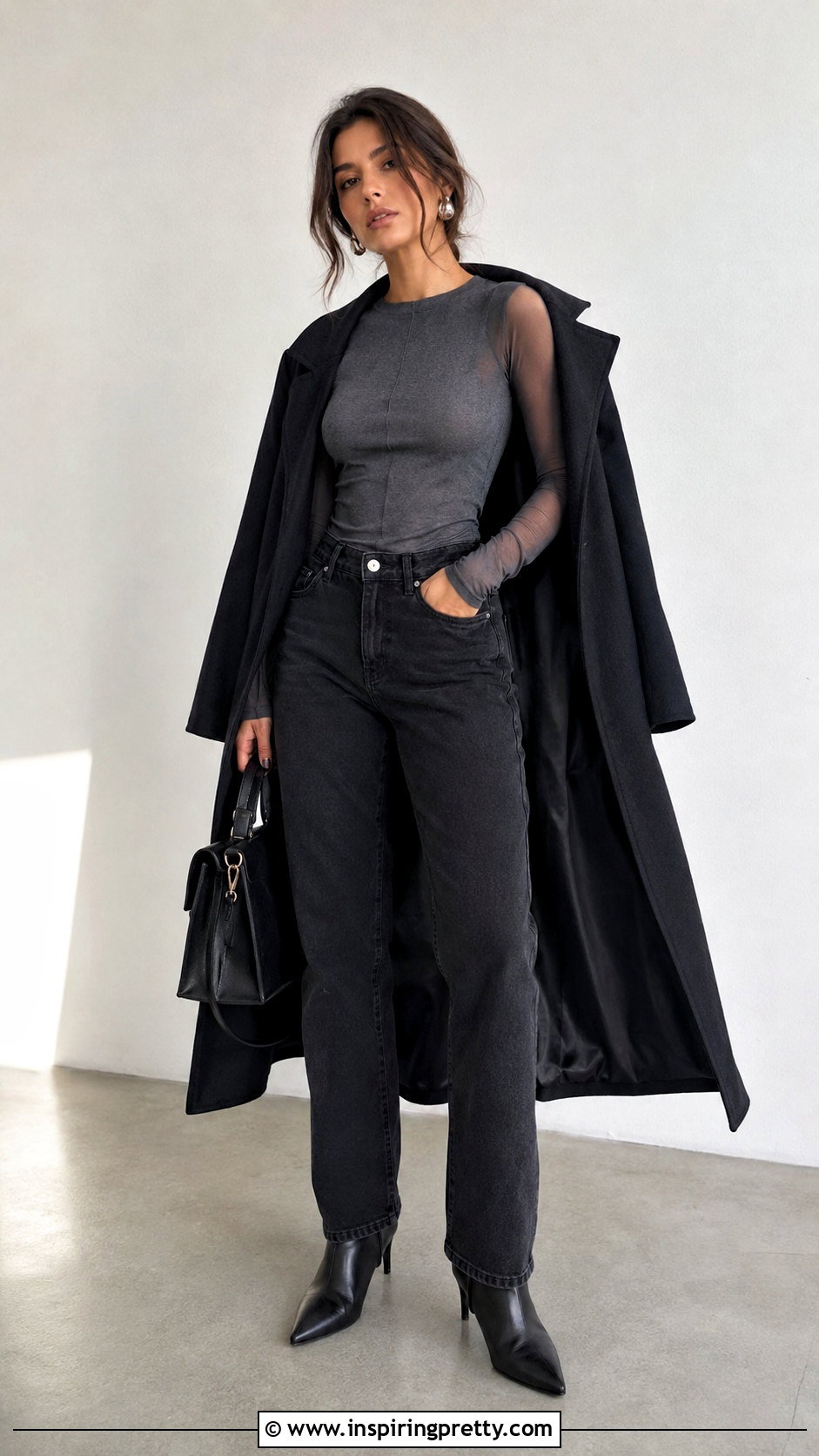 Gray Mesh Sleeve Top With Black Jeans - 50 gray top outfit ideas
