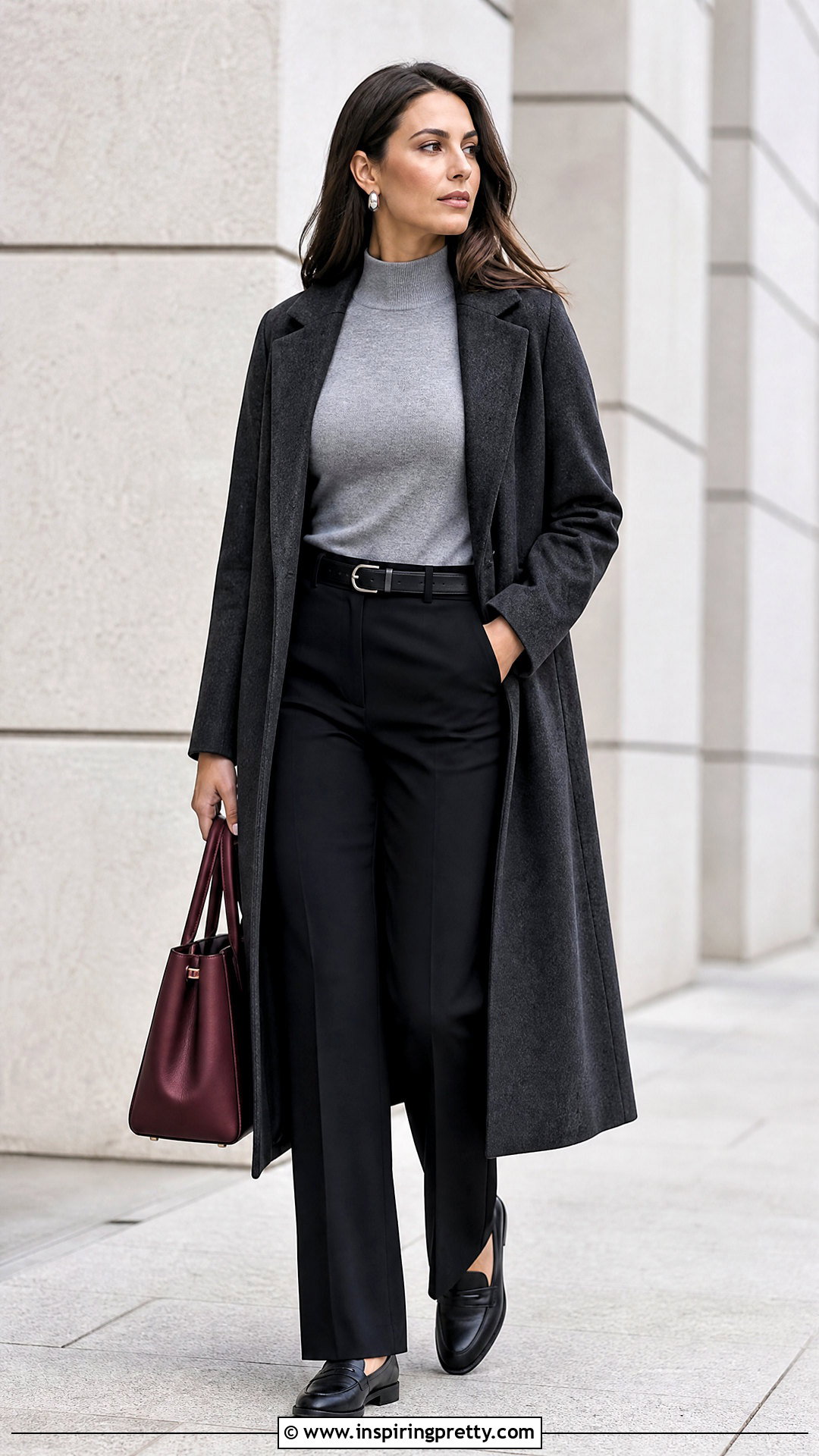 Gray Mock Neck Top With Black Trousers - 50 mock neck top outfit ideas