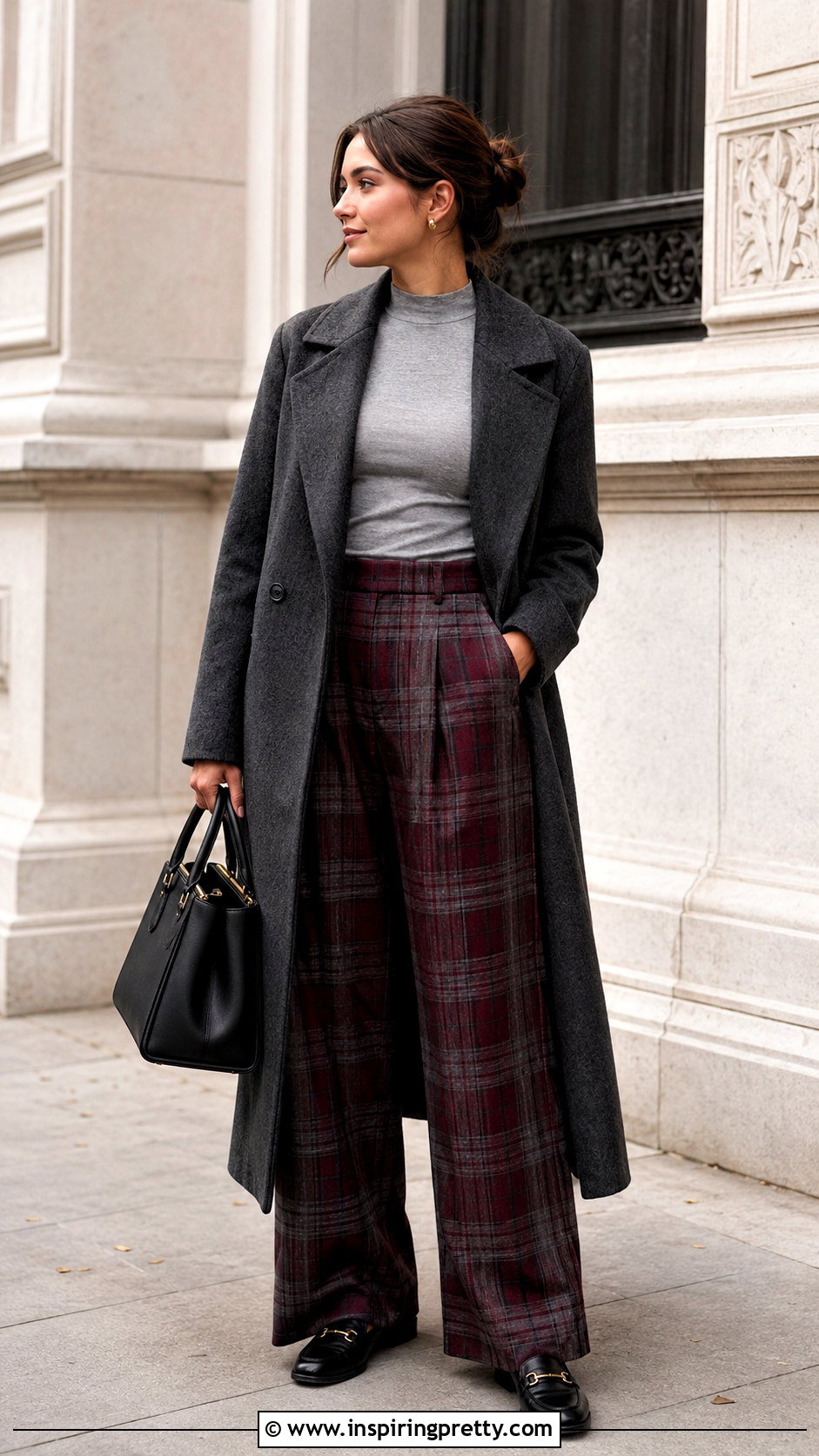 Gray Mock Neck Top With Plaid Pants - 50 gray top outfit ideas
