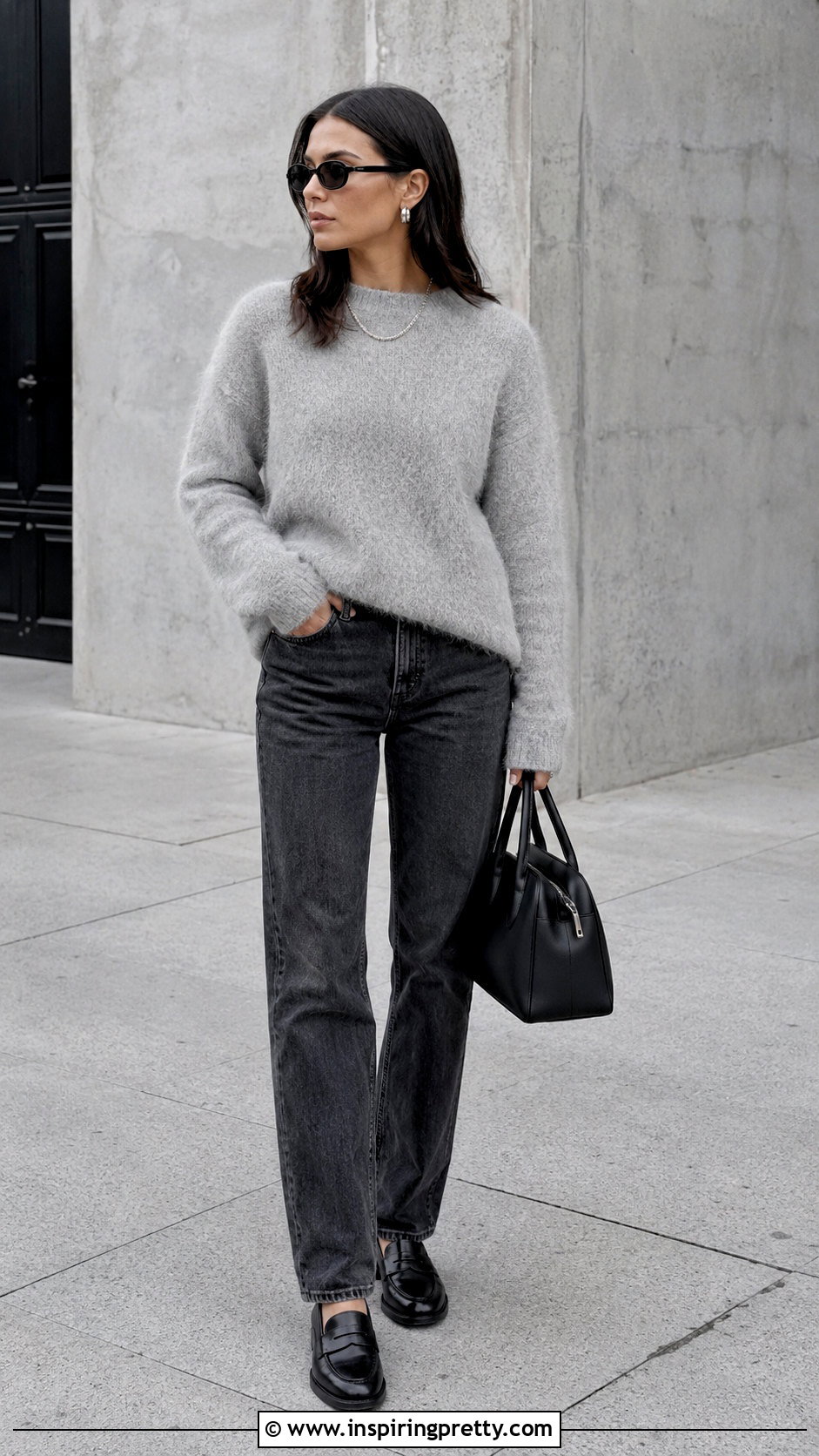 Gray Mohair Top With Charcoal Jeans - 50 mohair top outfit ideas