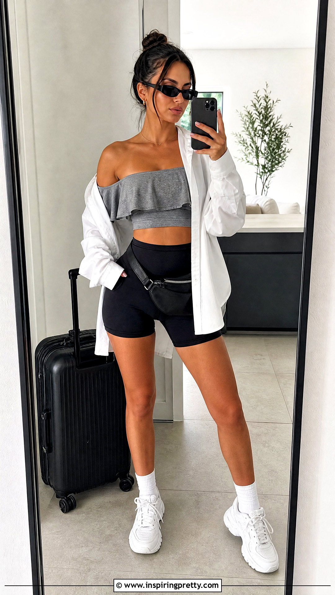 Gray Off Shoulder Ruffle Crop Top With Biker Shorts - 25 off shoulder ruffle crop top outfit ideas