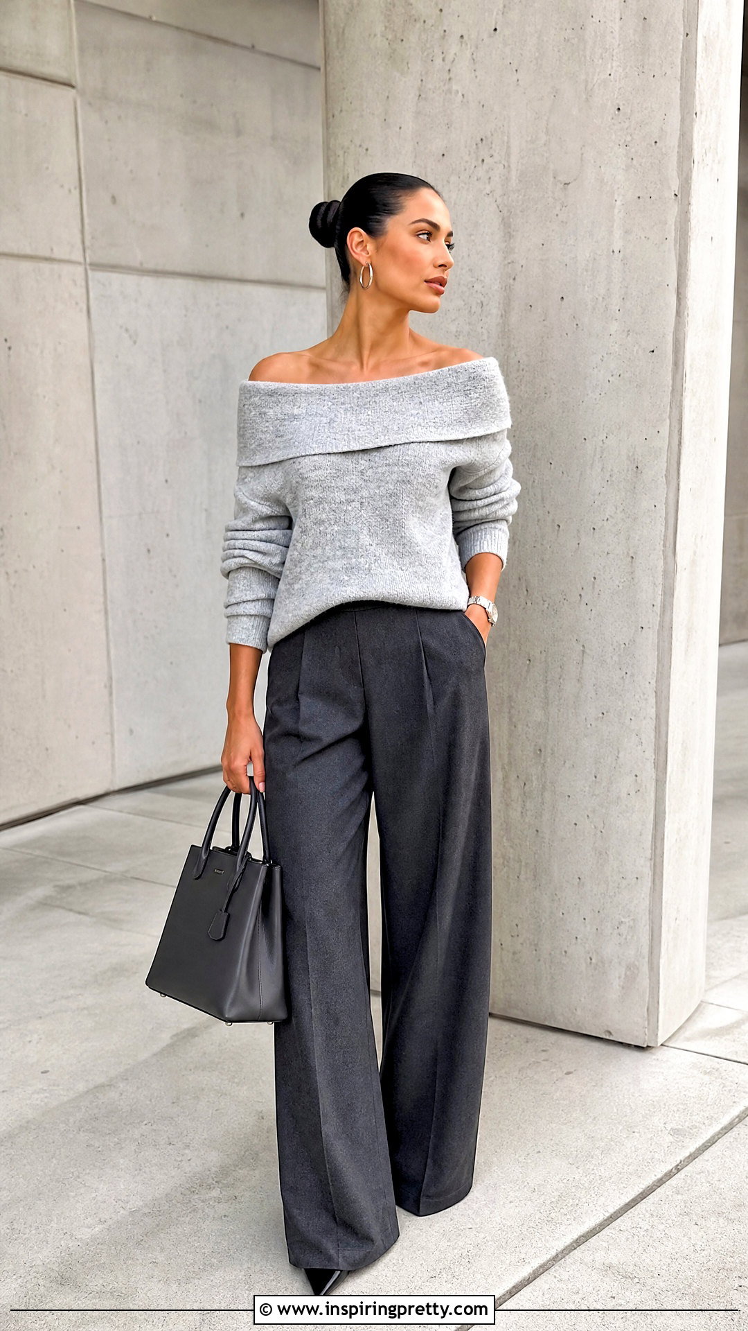 Gray Off Shoulder Top With Gray Wide Leg Pants - 50 off shoulder top outfit classy ideas