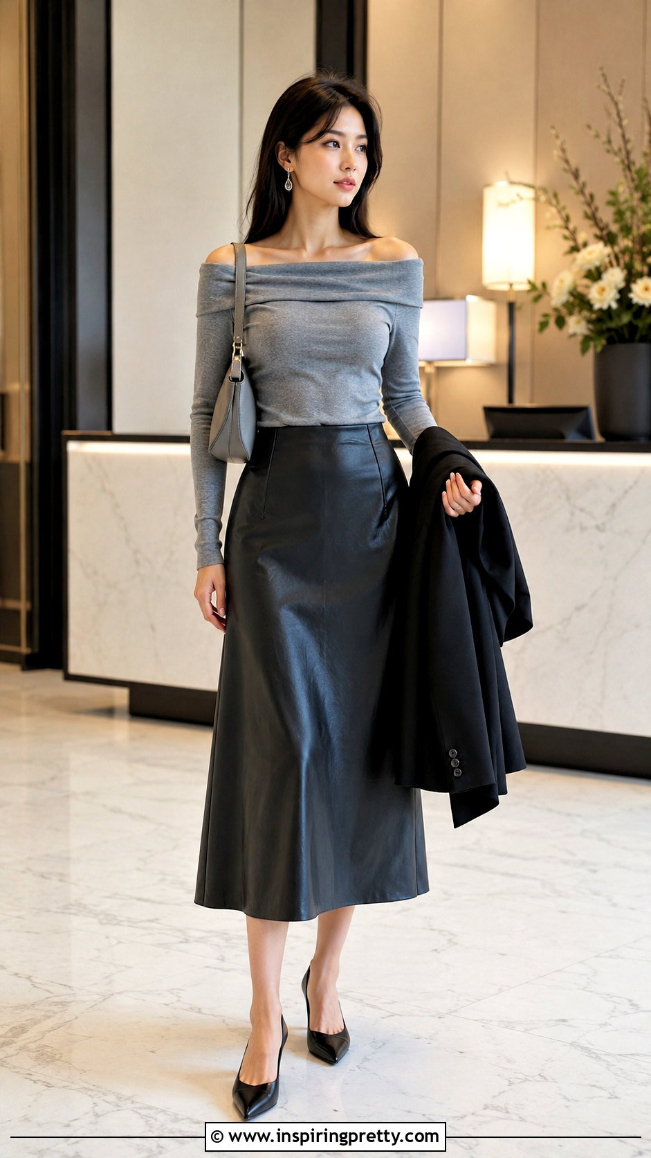 Gray Off Shoulder Top With Leather A Line Skirt - 20 Grey Top Leather Skirt outfits