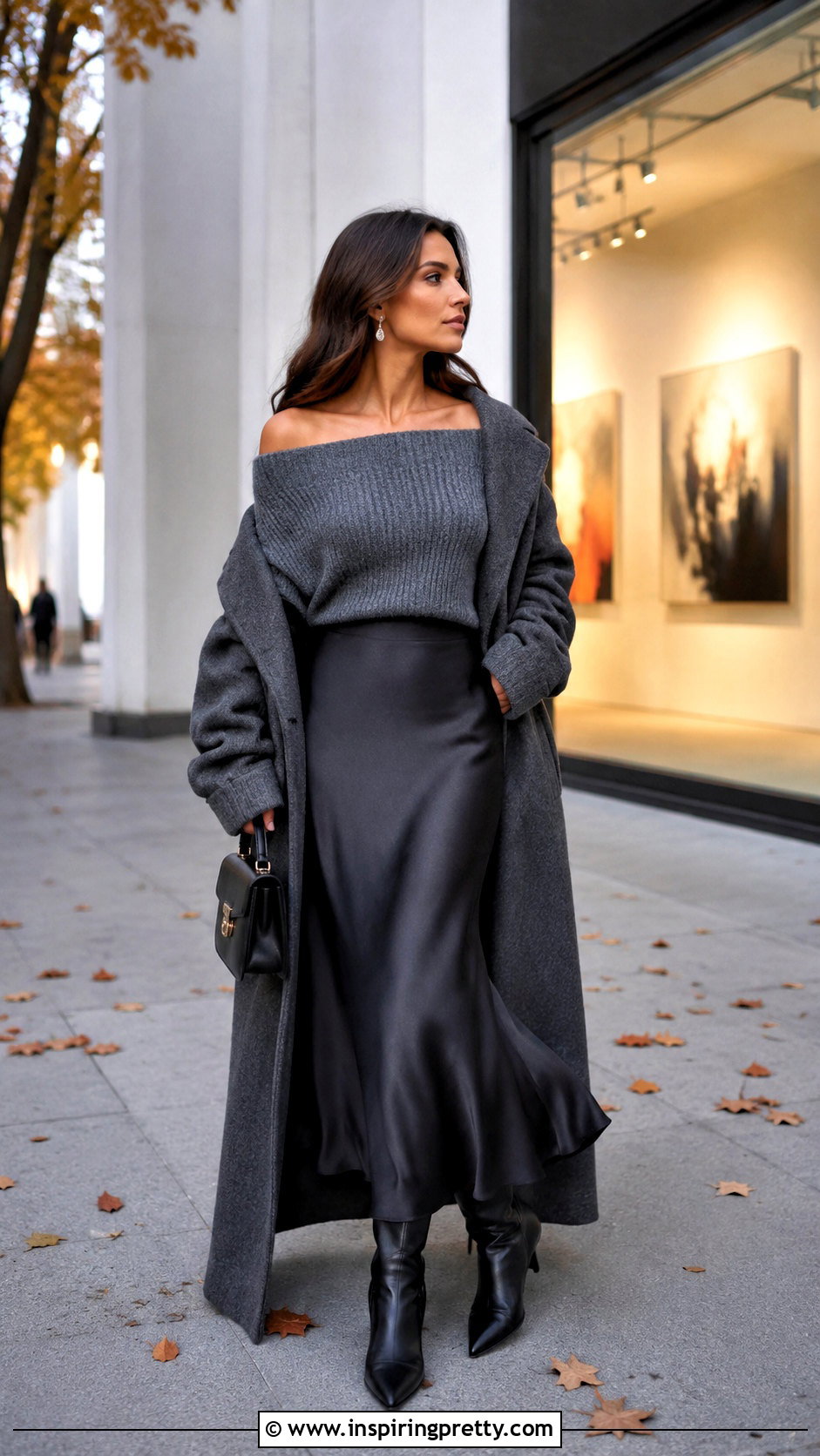 Gray Off the Shoulder Sweater With a Satin Midi Skirt - 20 off-the-shoulder top fall fashion outfit ideas