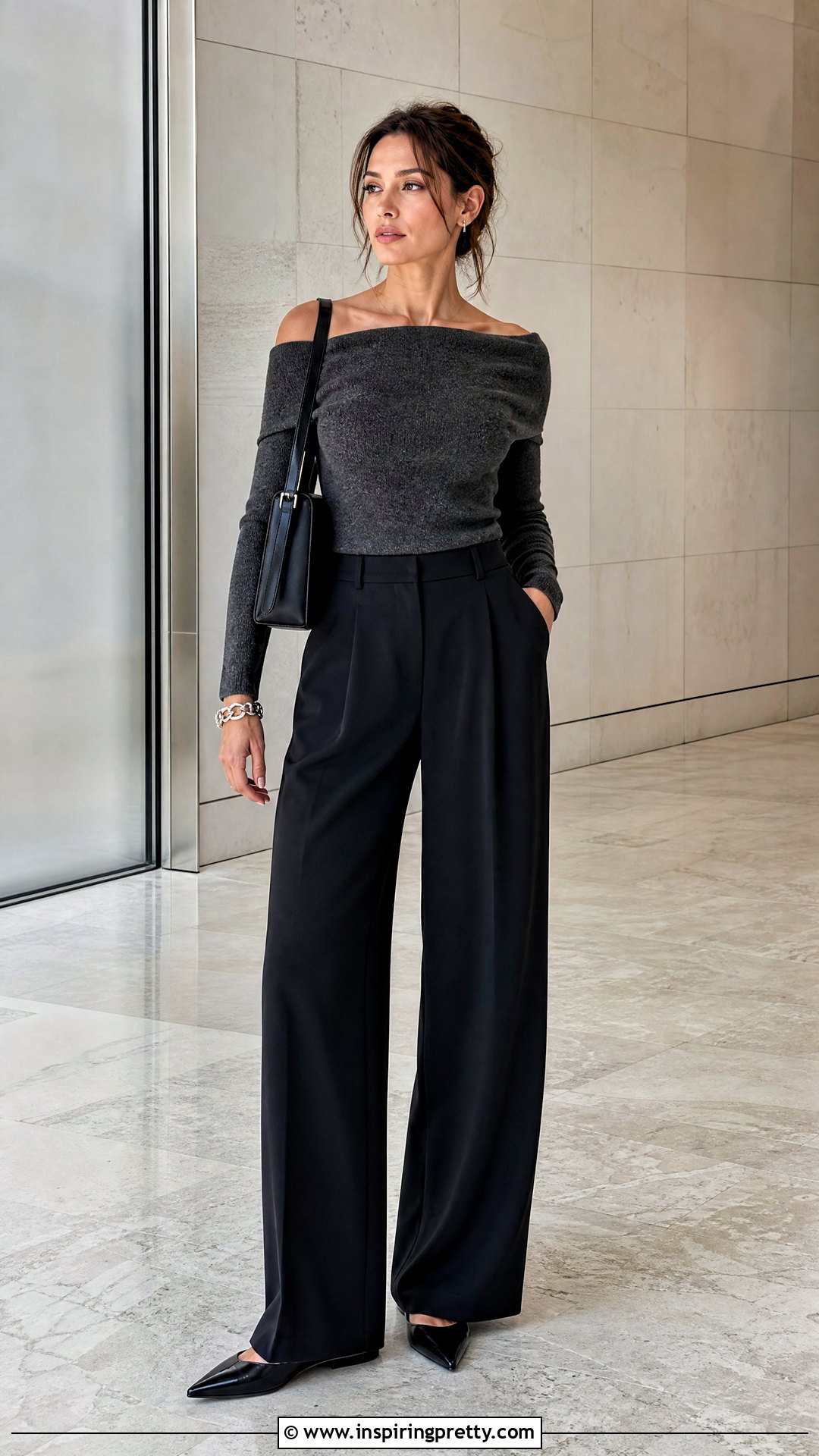 Gray Off the Shoulder Top With Black Wide Leg Pants - 20 gray off-the-shoulder top outfit ideas