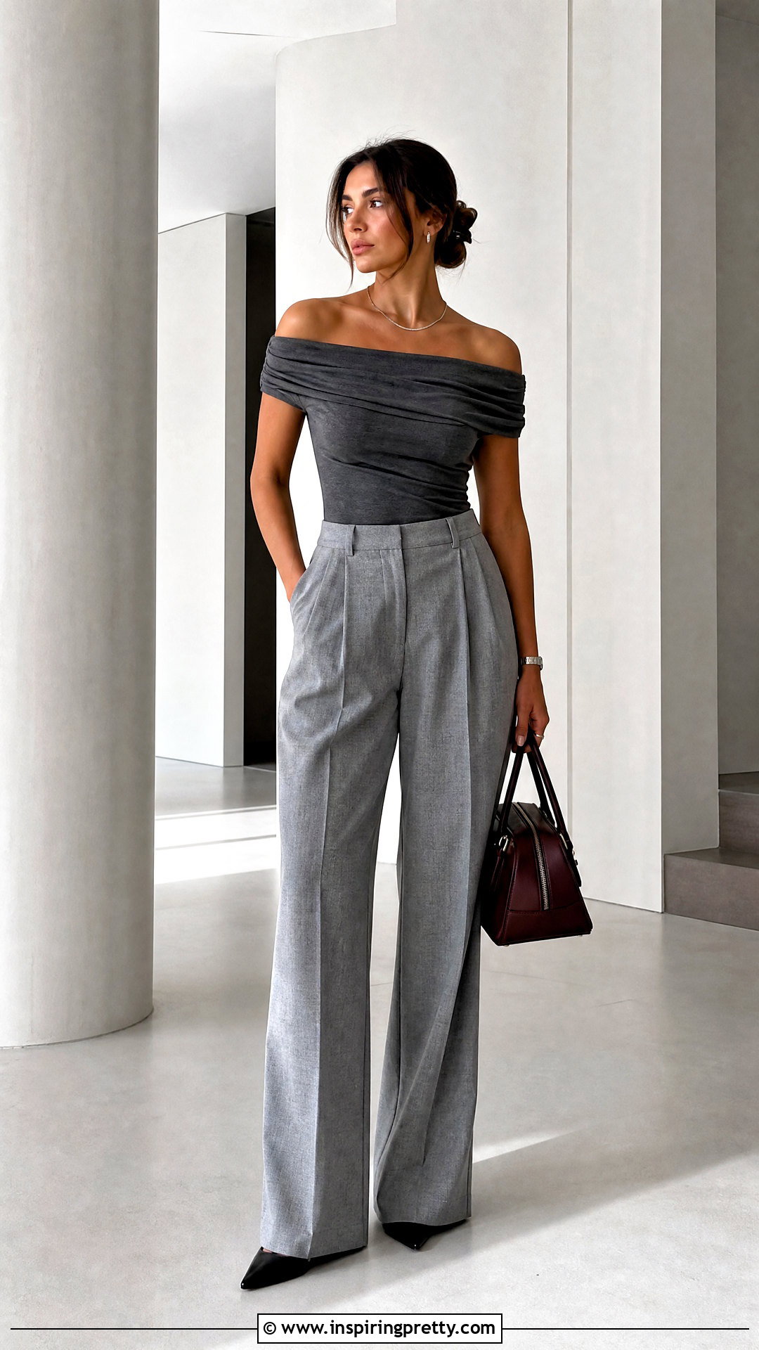 Gray Off the Shoulder Top With Gray Pleated Trousers - 20 gray off-the-shoulder top outfit ideas