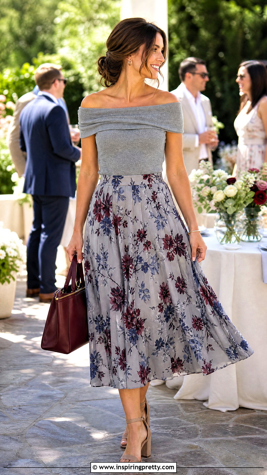 Gray Off the Shoulder Top With Printed Midi Skirt - 20 gray off-the-shoulder top outfit ideas