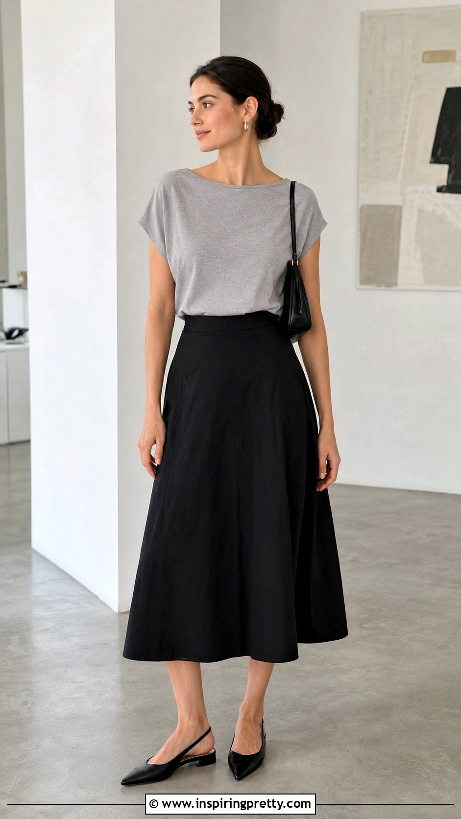 Gray One Yard Minimalist Top With Black Midi Skirt - 20 one yard minimalist top outfit ideas