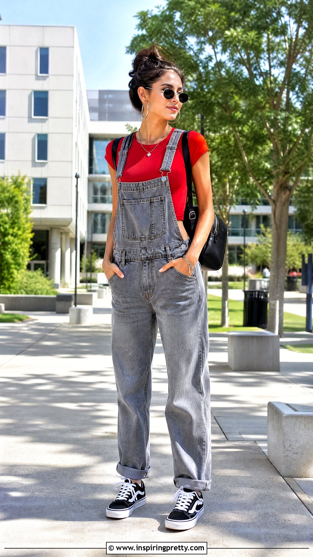Gray Overalls With Red Crop Top - 25 crop top overalls outfit ideas