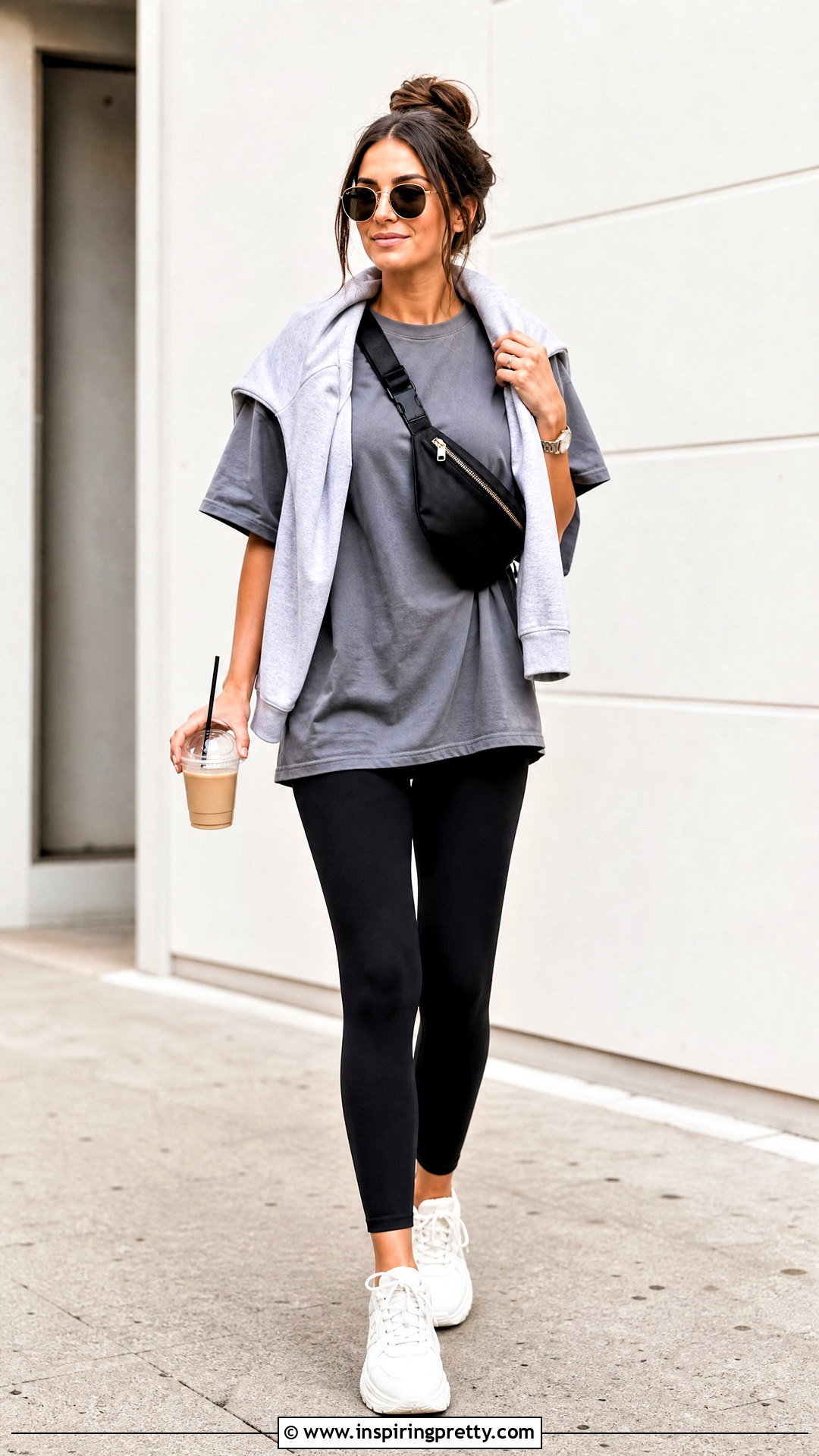 Gray Oversized T Shirt With Black Leggings - 50 cute basic tops outfit ideas