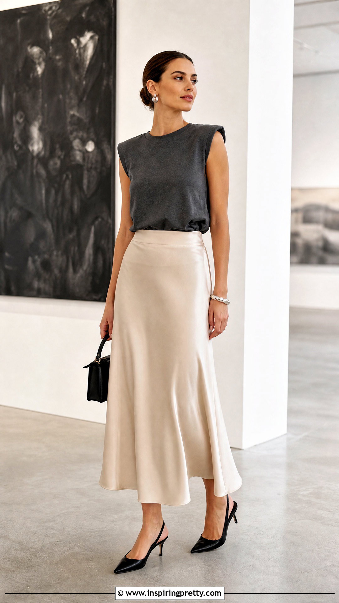 Gray Padded Shoulder Tank Top With Satin Midi Skirt - 20 Tank Top With Shoulder Pads