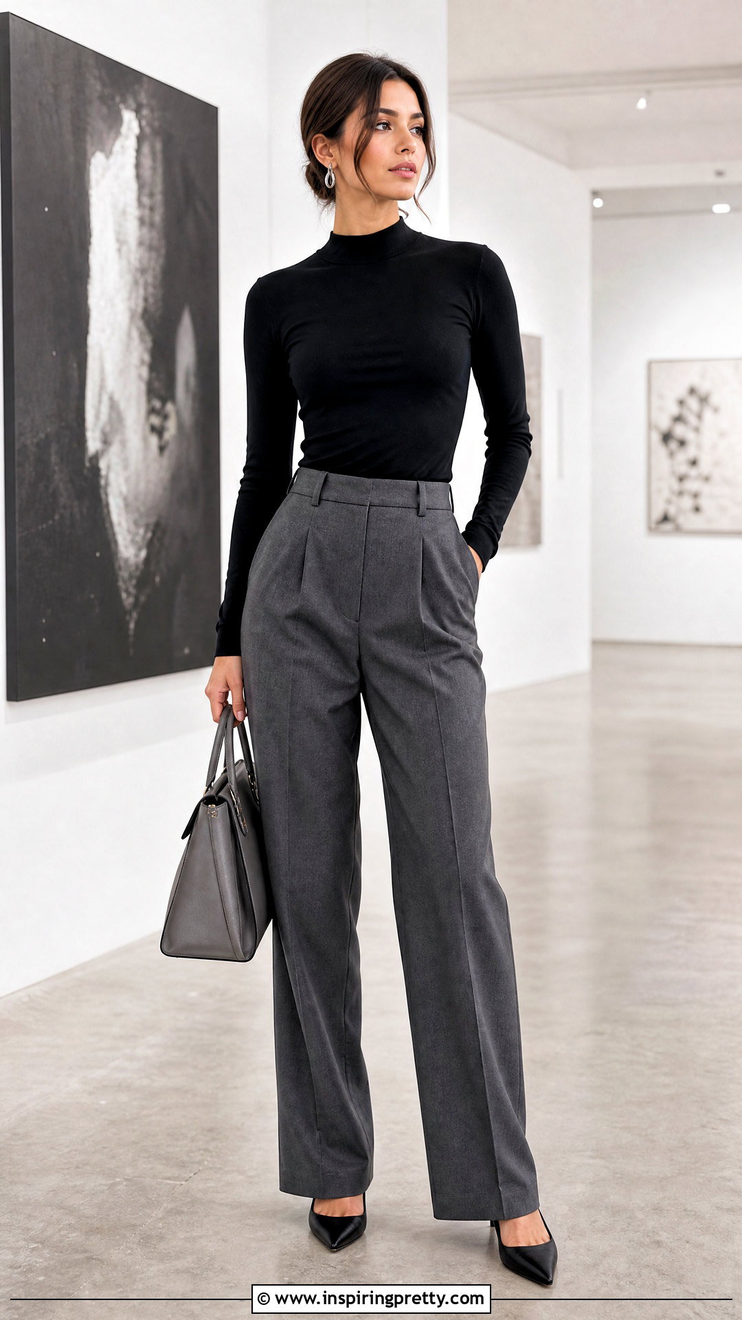 Gray Pants And Fitted Black Top - 50 pants and top outfit classy ideas