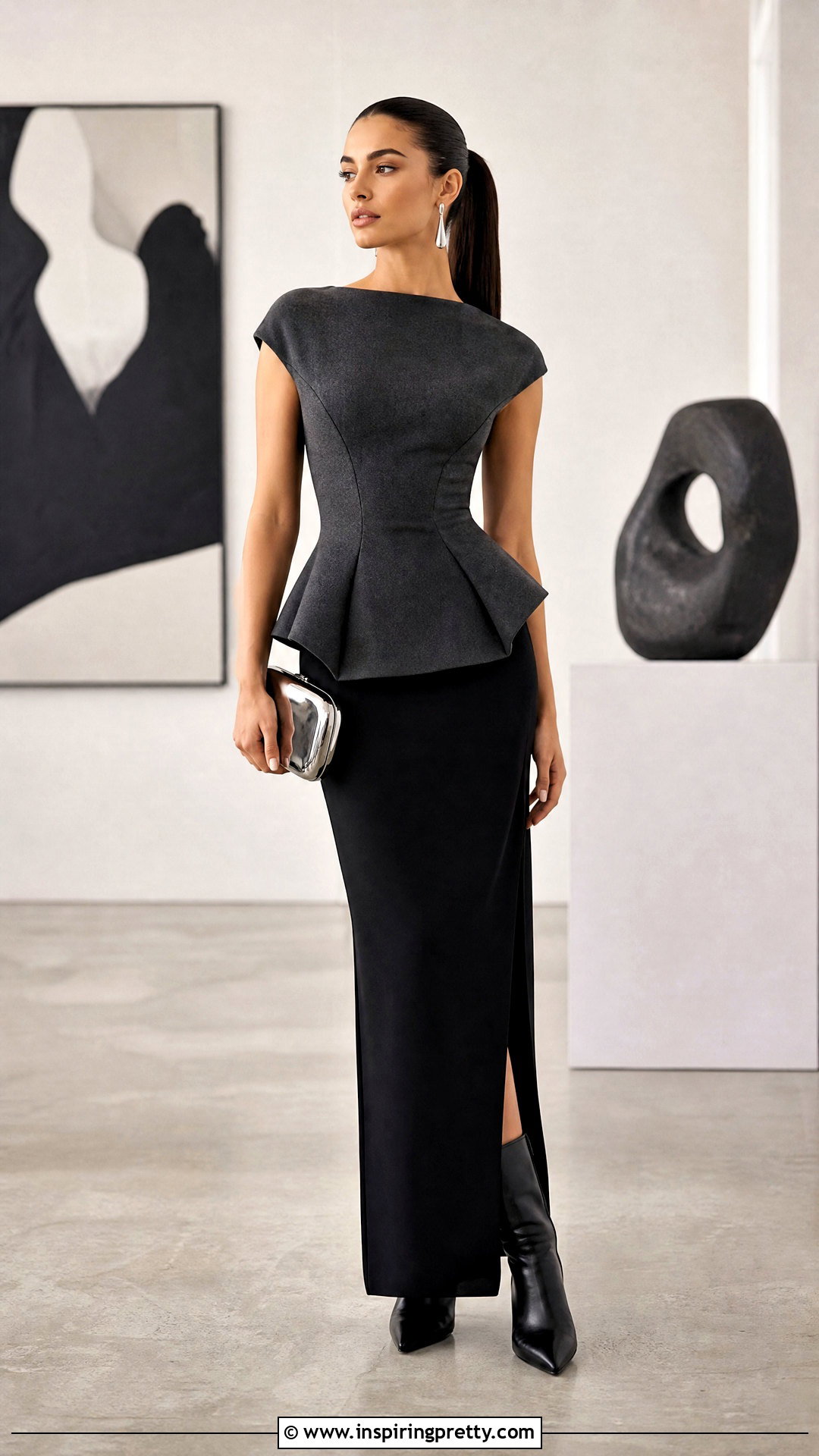 Gray Peplum Top With Black Column Maxi Skirt - 25 gray peplum top outfit ideas