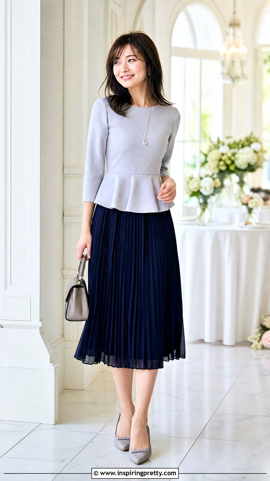 Gray Peplum Top With Pleated Midi Skirt - 25 gray peplum top outfit ideas