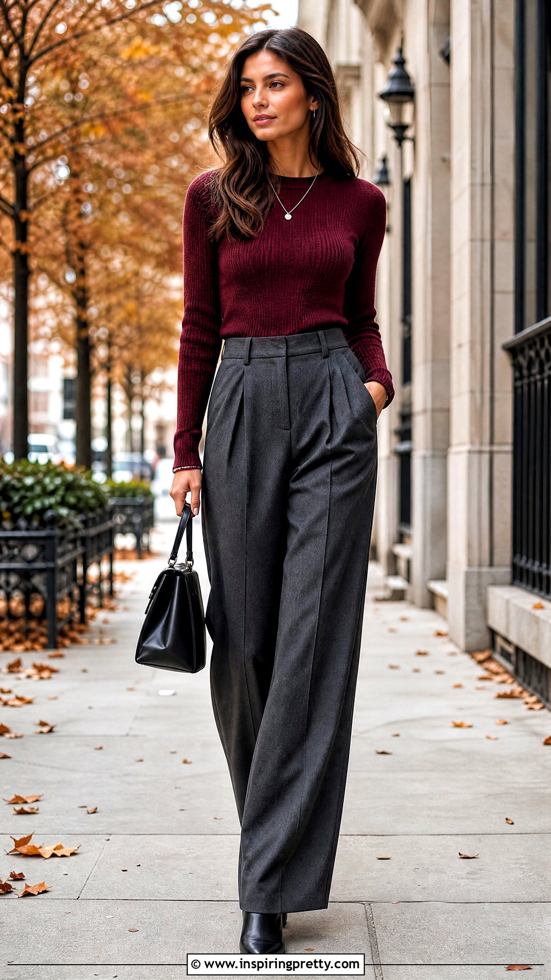 Gray Pleated Trousers With Burgundy Knit Top - 50 trouser and top for ladies