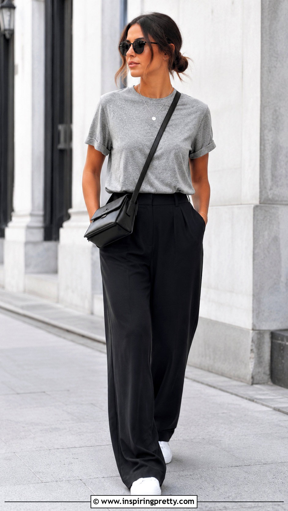 Gray Relaxed T Shirt With Black Wide Leg Pants - 50 simple tops for women