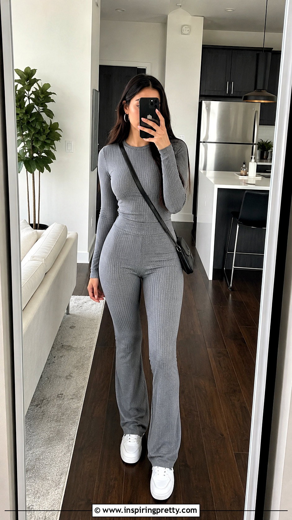 Gray Ribbed Top And Pants Set - 50 top and pants set