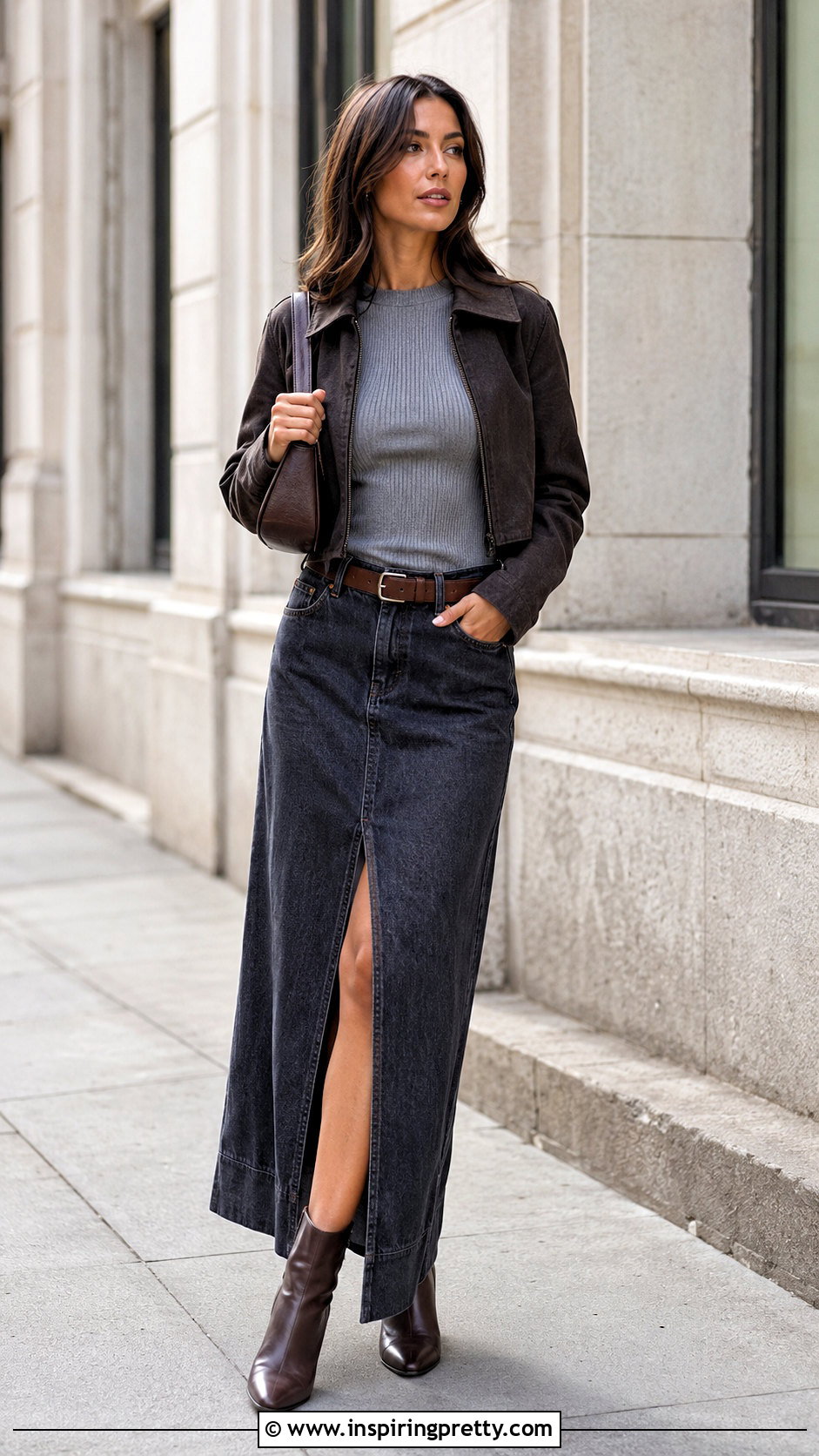 Gray Ribbed Top With Denim Maxi Skirt - 50 gray top outfit ideas