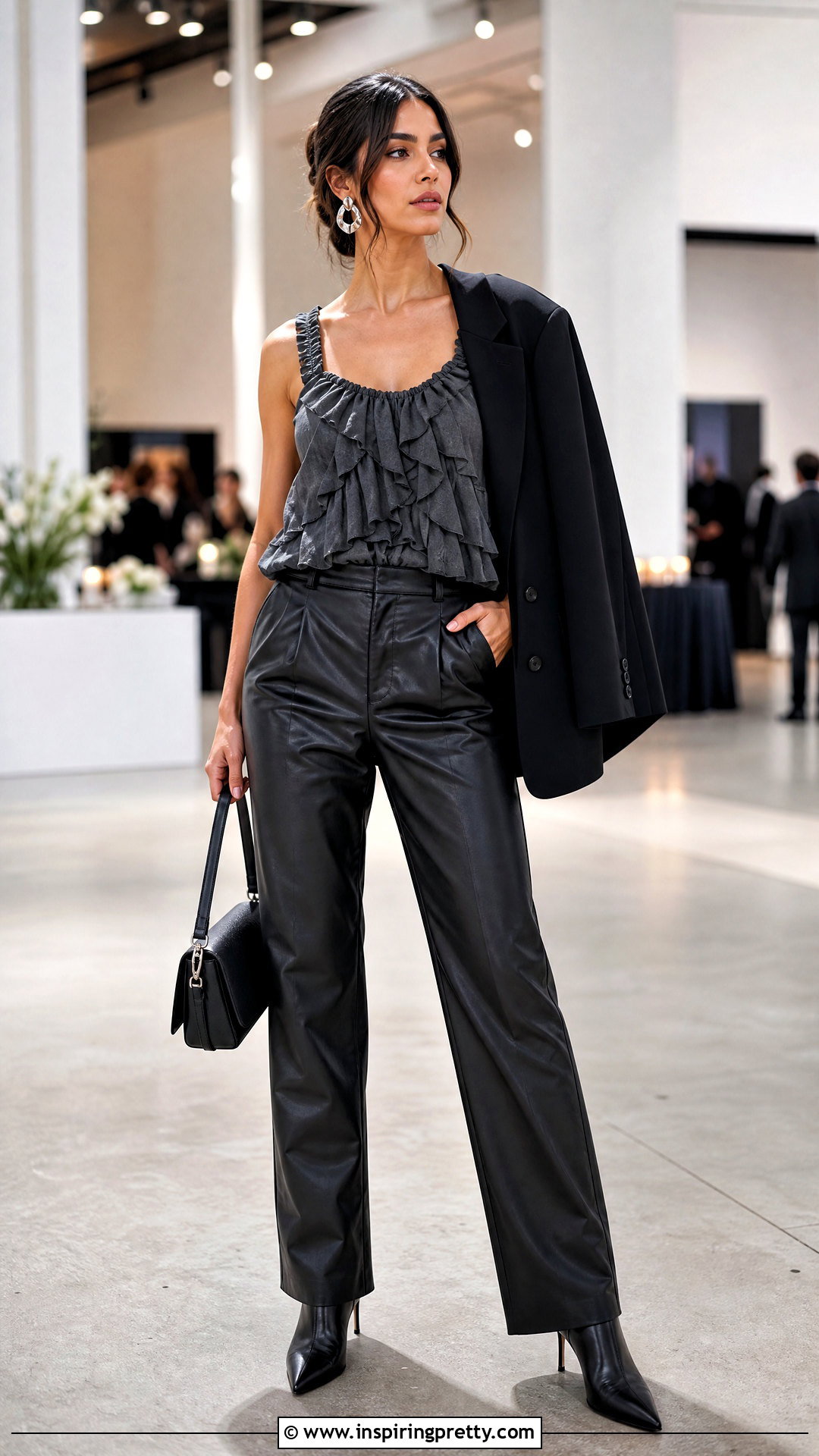 Gray Ruffled Tank Top With Black Faux Leather Pants - 20 gray ruffled tank top outfit ideas