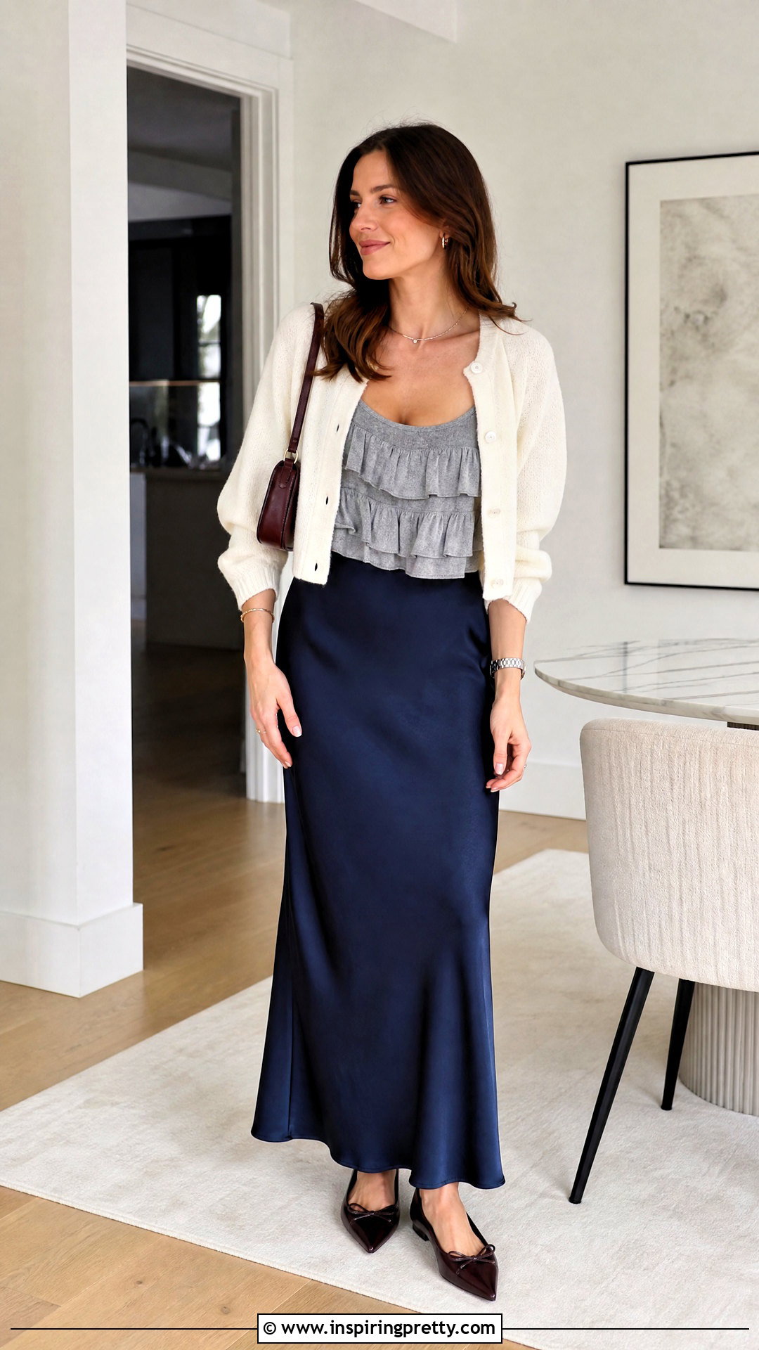 Gray Ruffled Tank Top With Slip Skirt And Cardigan - 20 gray ruffled tank top outfit ideas