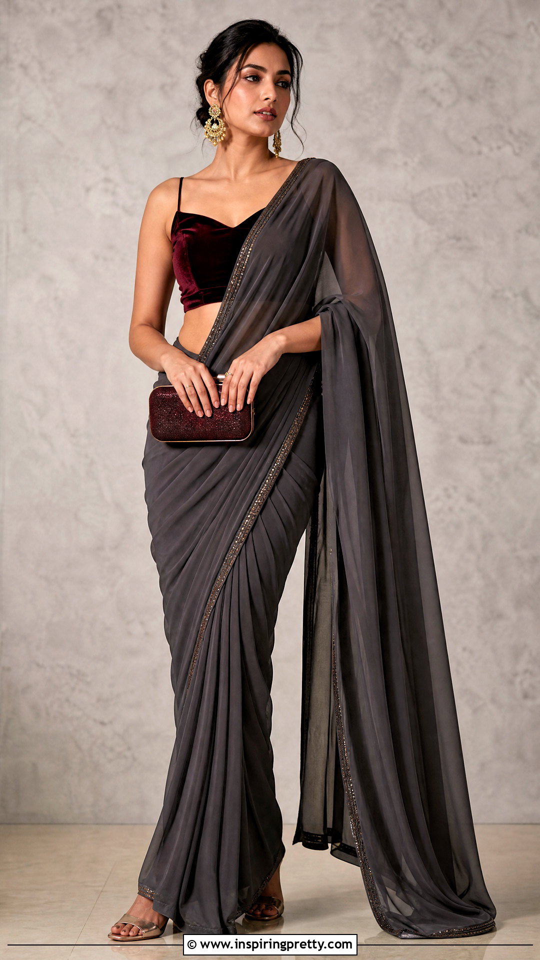 Gray Saree With Maroon Crop Top - 50 saree with crop top outfit ideas