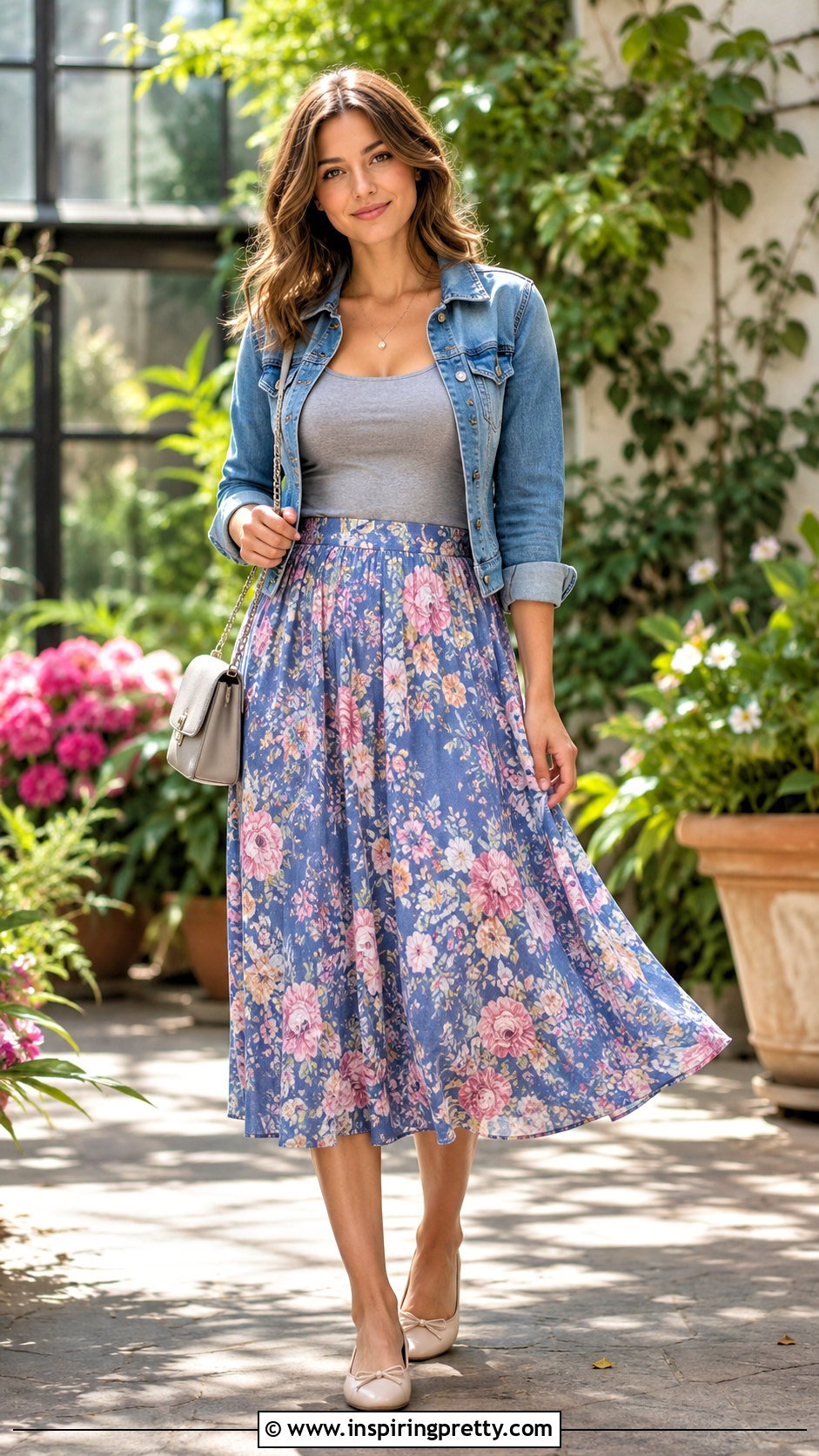Gray Scoop Neck Top With Floral Skirt - 50 gray top outfit ideas